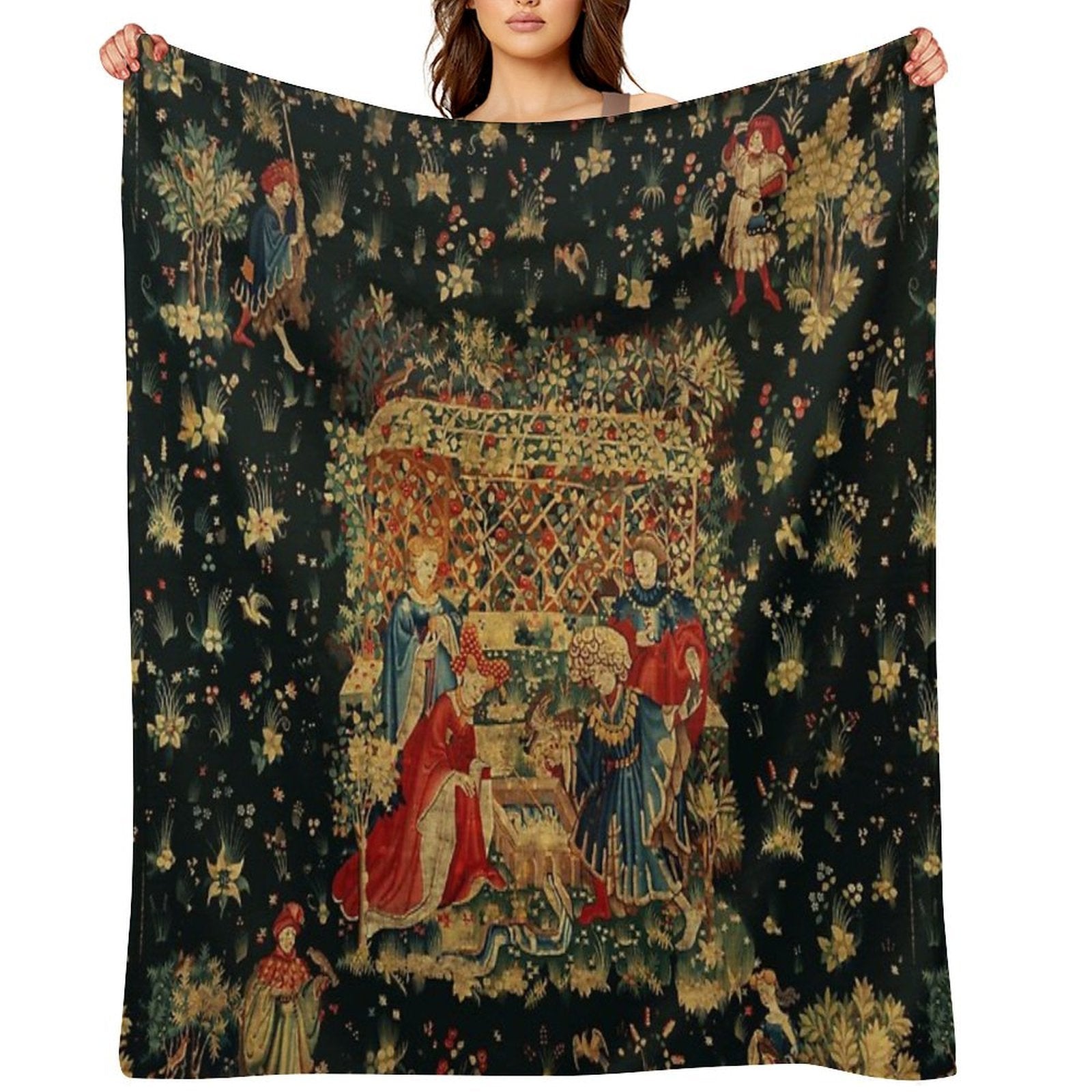 FALCONS BATH Red Blue Antique Medieval Tapestry,Court Figures,Birds, Flowers ,Rose Trellis Gift-ready Throw Blanket