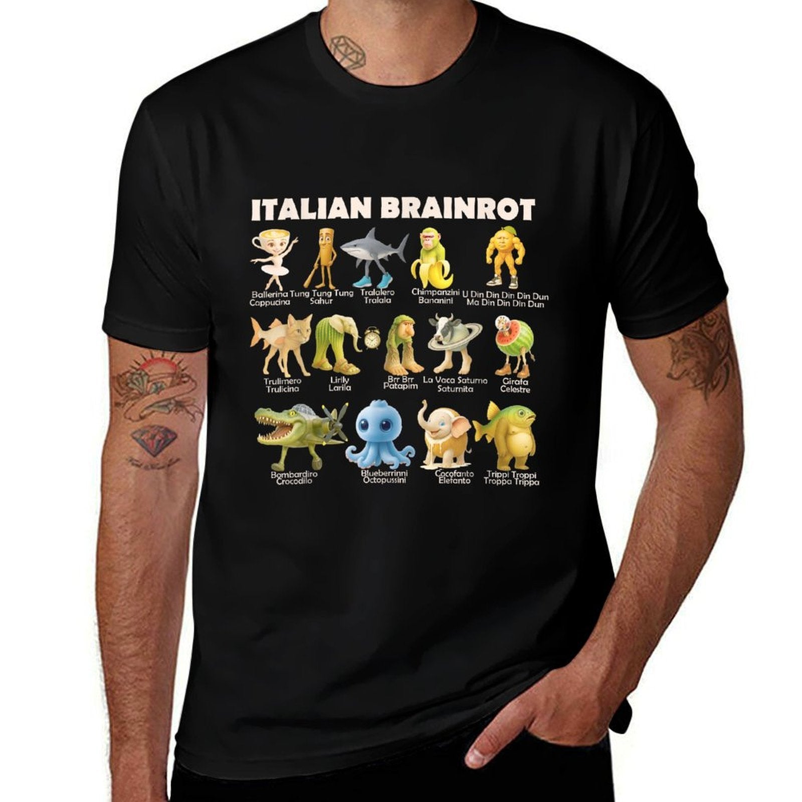 Types of Italian Brainrot Meme Character for Kids  Rolled Sleeves T-Shirt