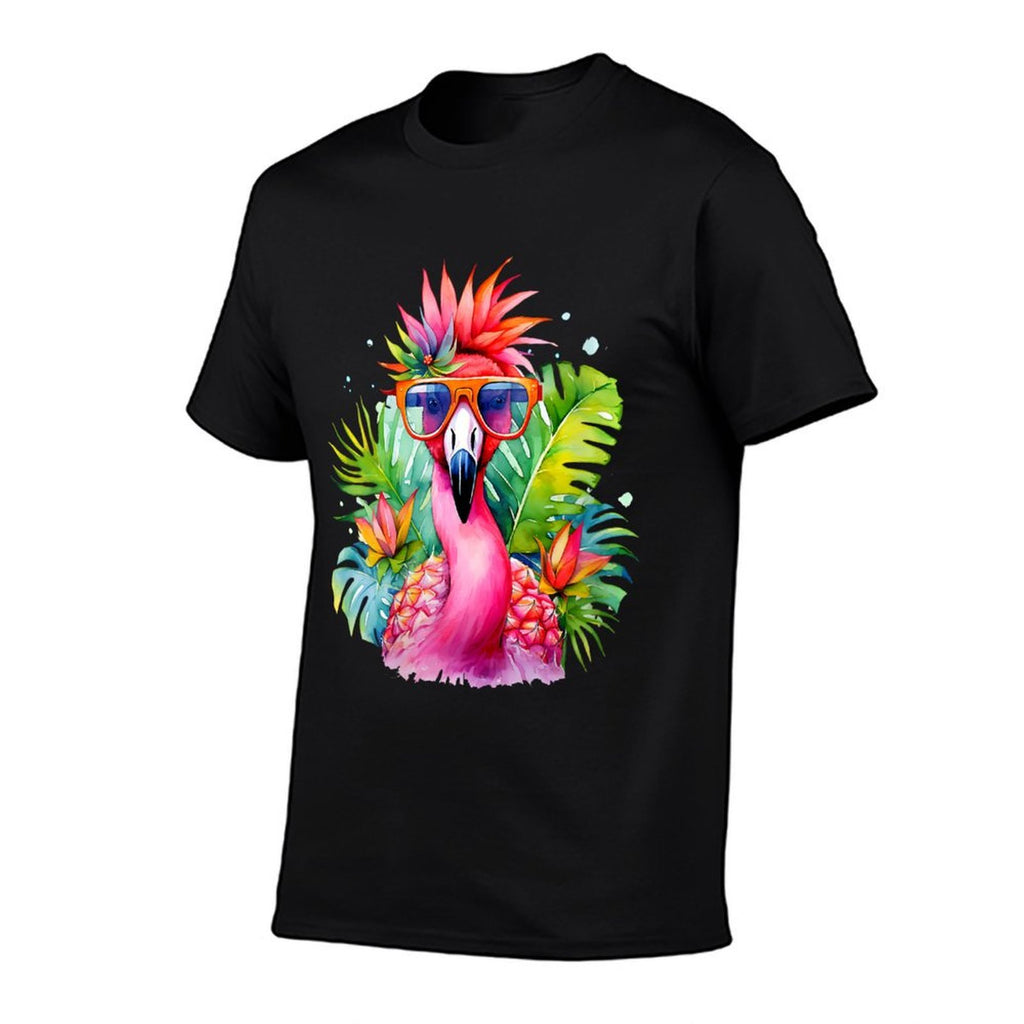 Womens Pink Flamingo Party Tropical Bird with Sunglasses Vacation  Easy-care T-Shirt