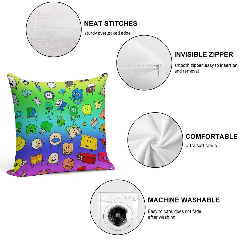 BFDI All Characters (Rainbow) Soft Washable Throw Pillow