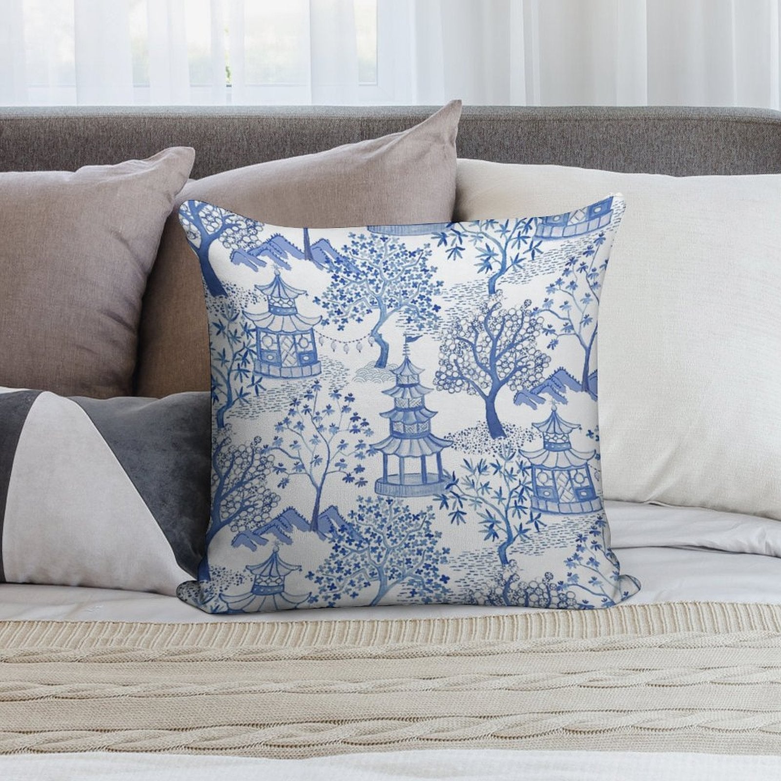 Pagoda Forest in Blues Soft Ultra-Soft Texture Throw Pillow