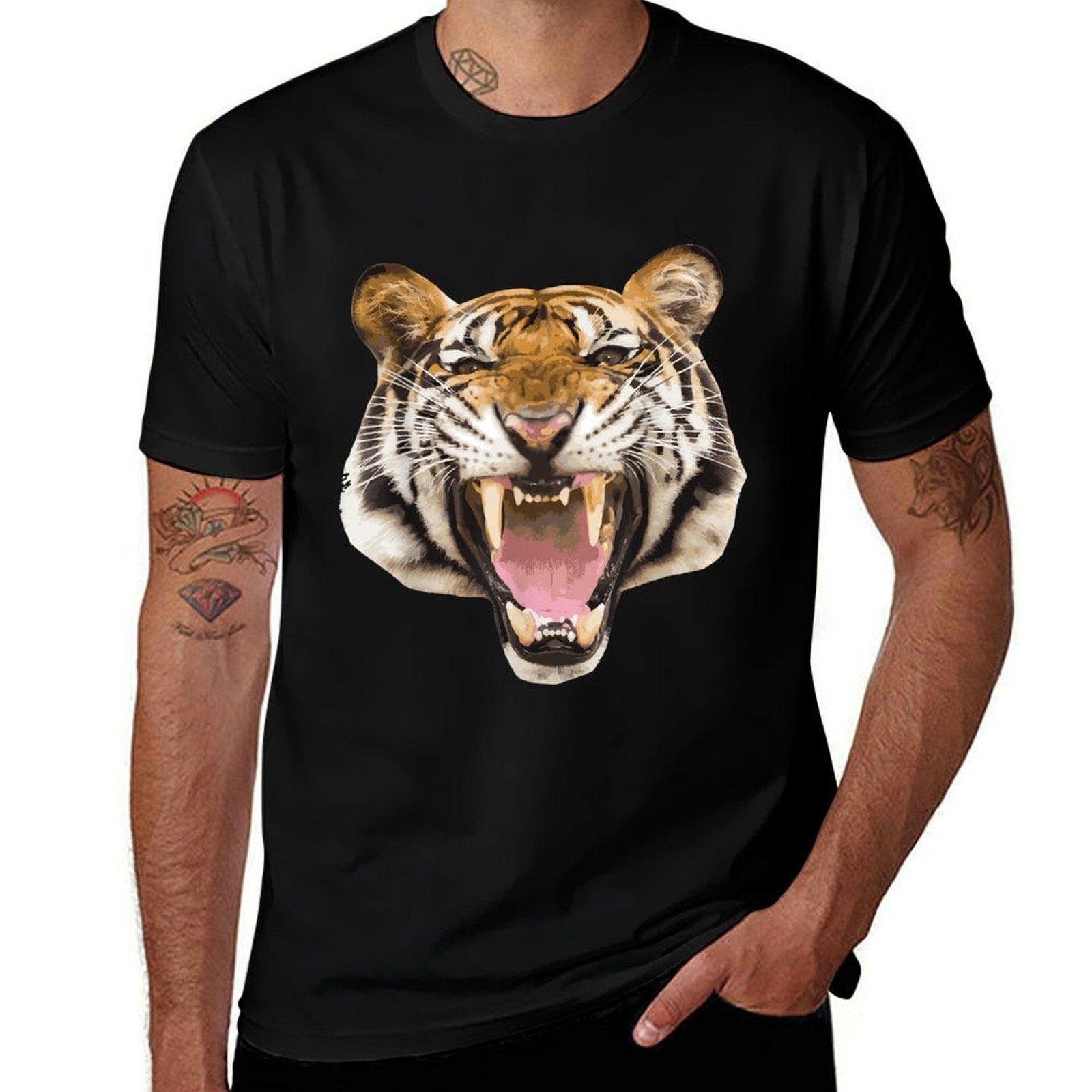 Realistic Tiger Roaring Face Animal Lovers Gift  Affordable Price T-Shirt