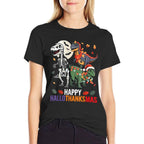 Hallothanksmas Halloween Thanksgiving Christmas Dinosaur  Polyester Blend T-Shirt