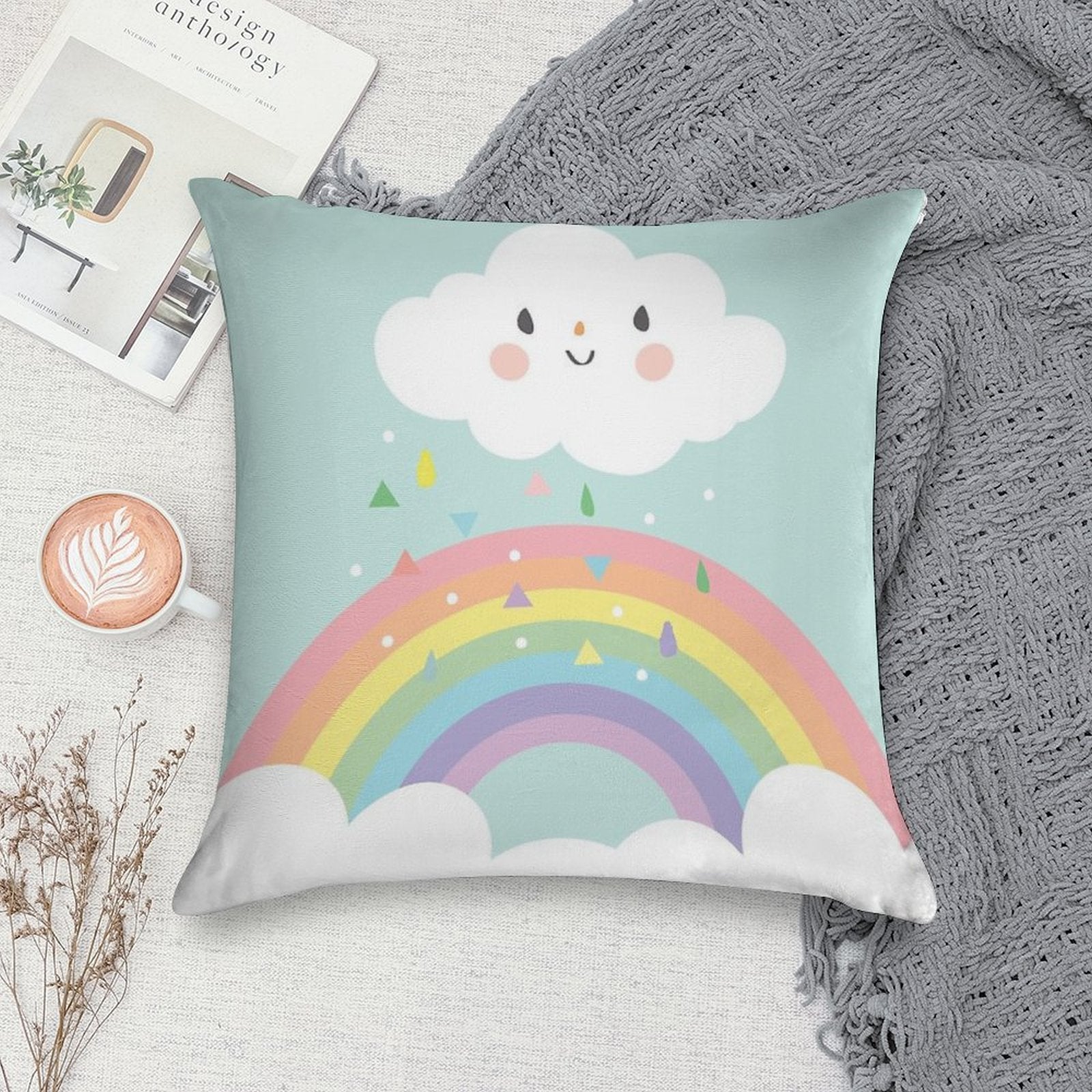Rainbow Happy Little Cloud Pastel Rain And Sunshine Baby Nursery Art Print Canvas Design Soft Gift Ready Throw Pillow