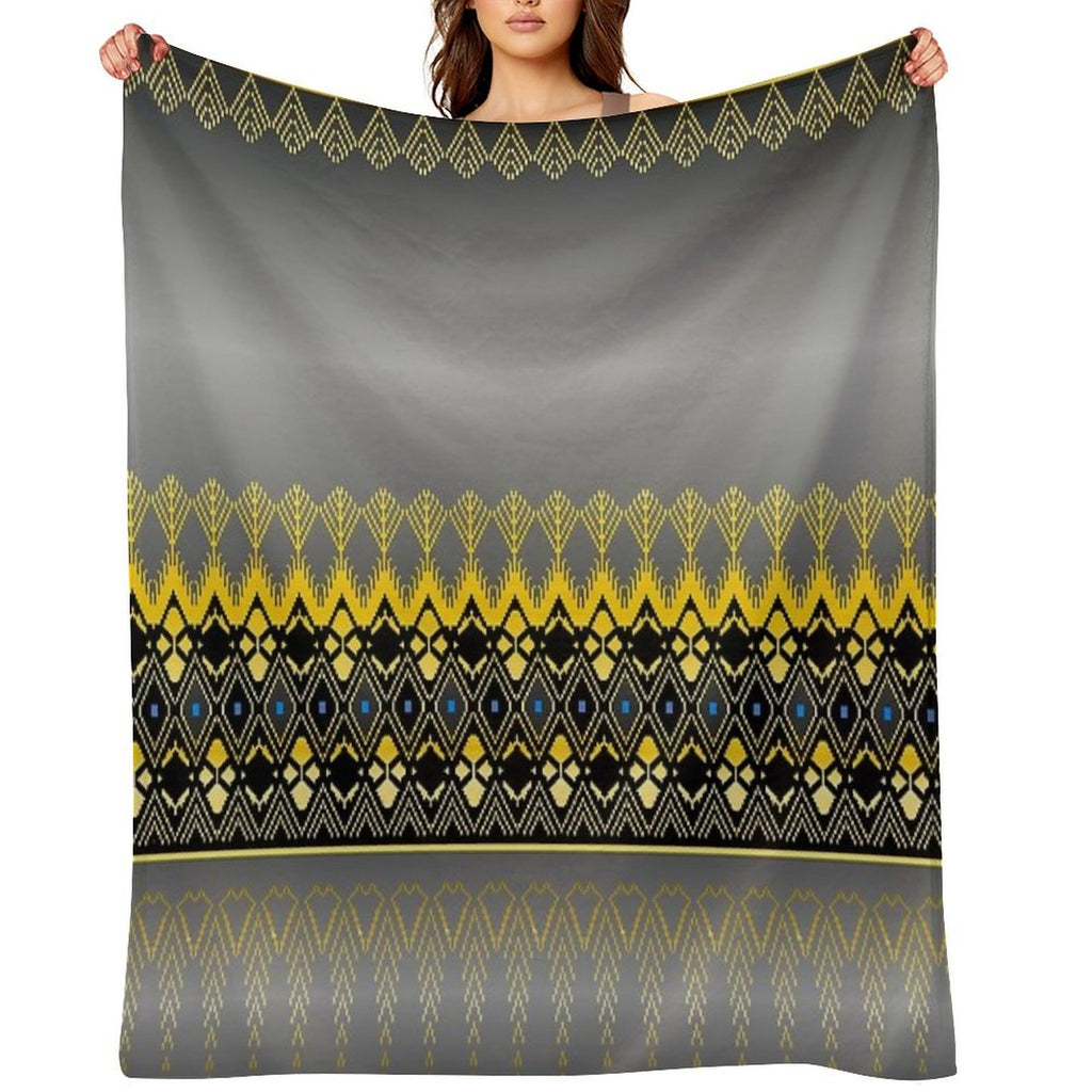 Thai Silk  Gray Black Gold Thai Silk Design  Gray Black Gold Geometric Pattern Machine-washable Throw Blanket
