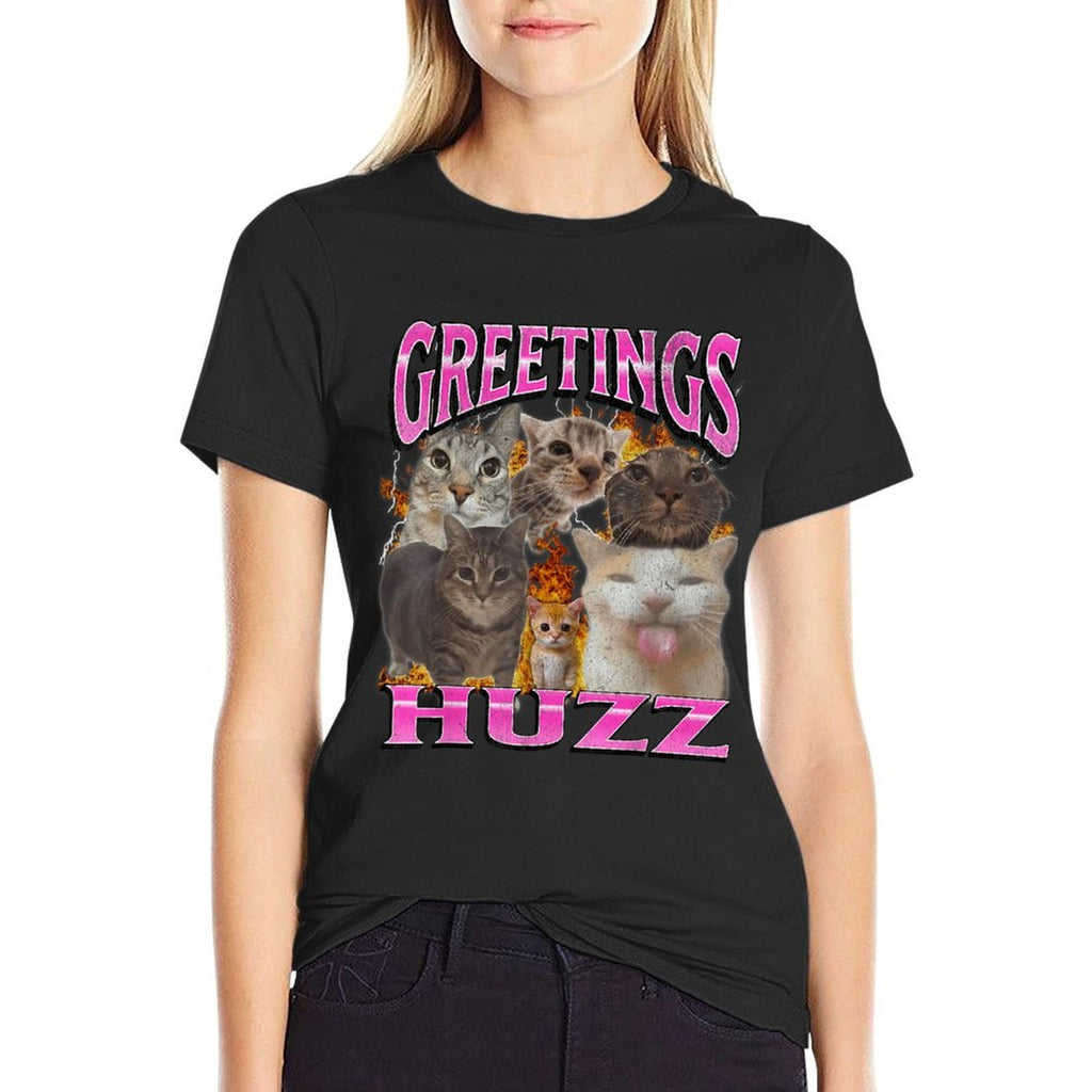 Greetings Huzz Funny Cat Meme Bootleg Graphic Men Women  Oversized Silhouette T-Shirt
