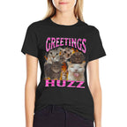 Greetings Huzz Funny Cat Meme Bootleg Graphic Men Women  Oversized Silhouette T-Shirt