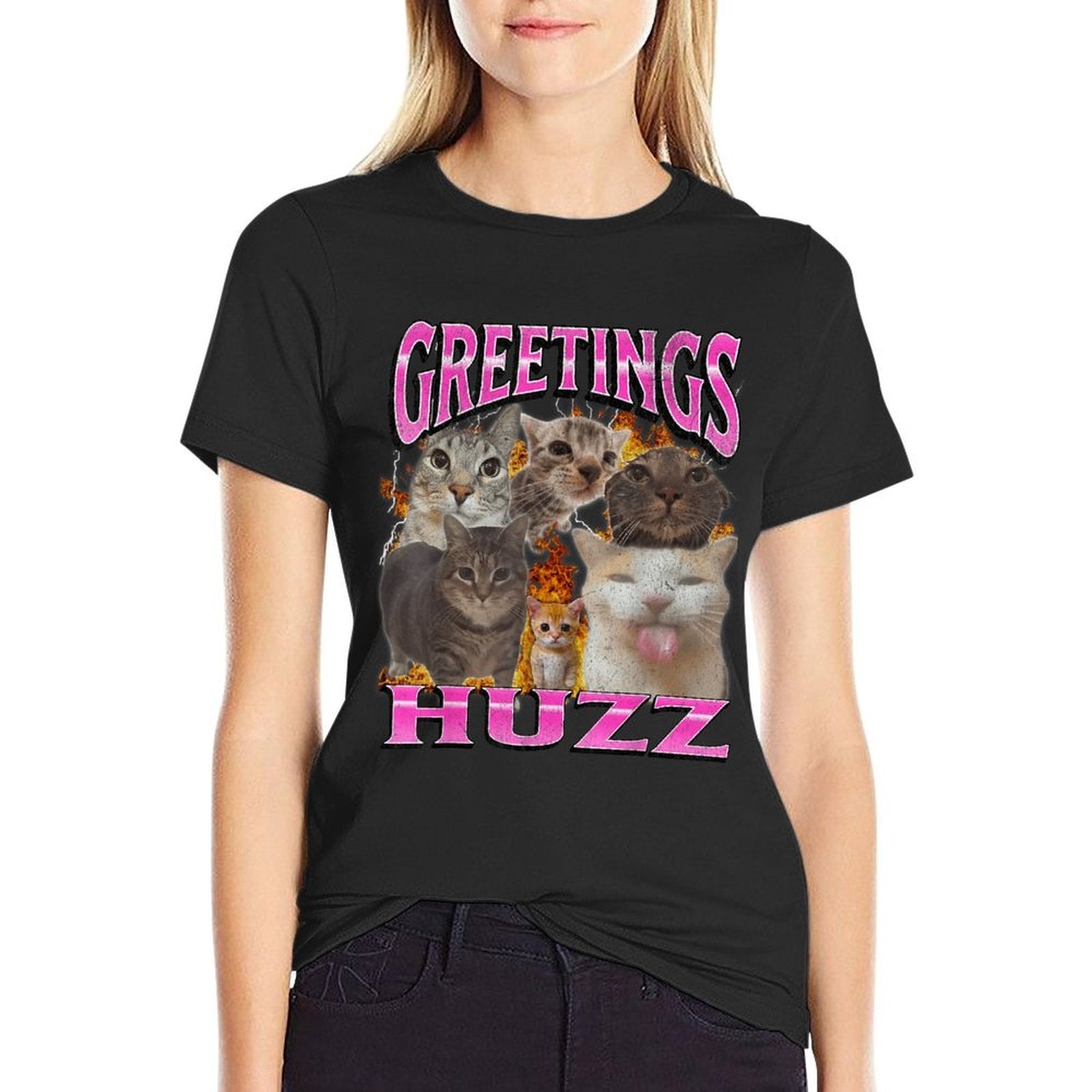 Greetings Huzz Funny Cat Meme Bootleg Graphic Men Women  Oversized Silhouette T-Shirt