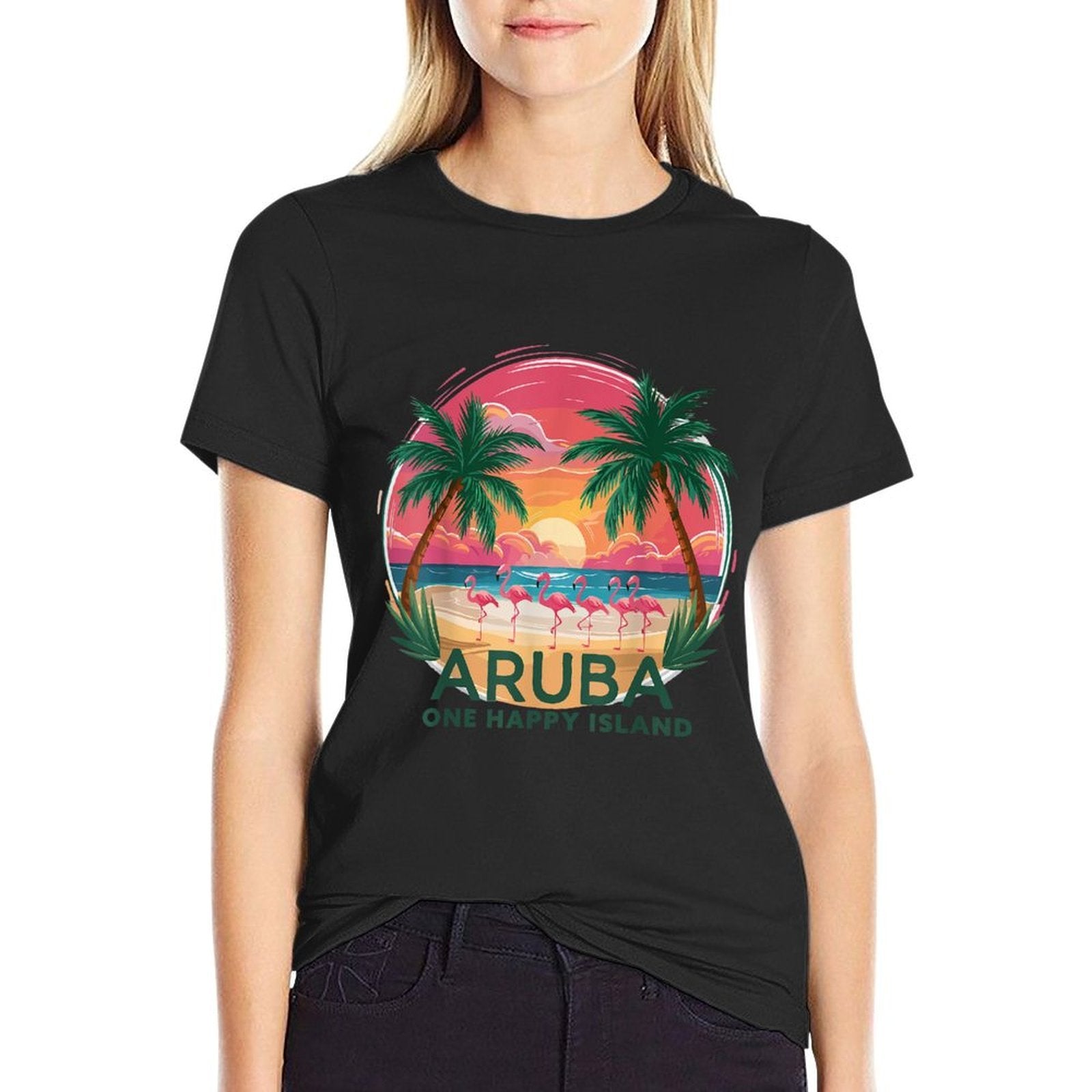 Arubas One Happy Island Beautiful Sunset Beach Flamingo  Durable T-Shirt