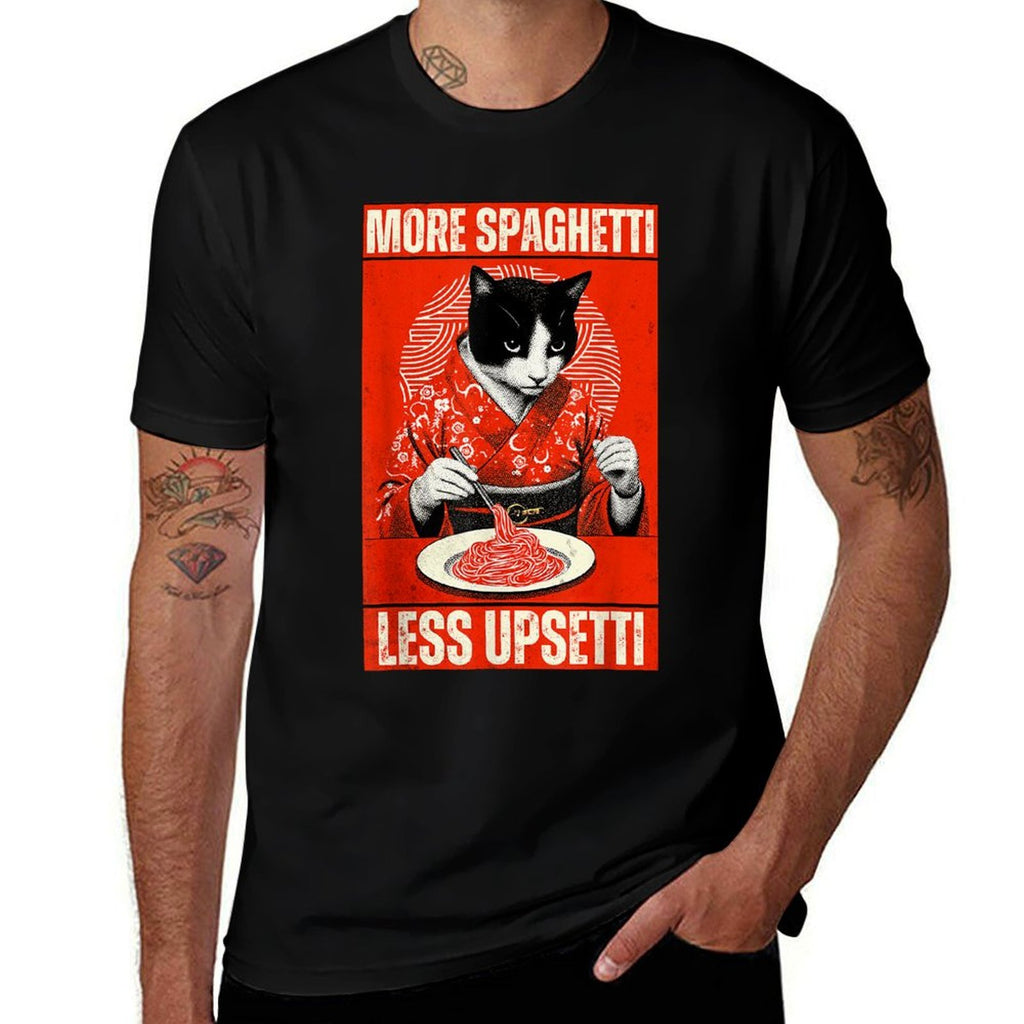 More Spaghetti Less Upsetti Funny Cat Eats Spaghetti Meme for Men Women  Soft T-Shirt