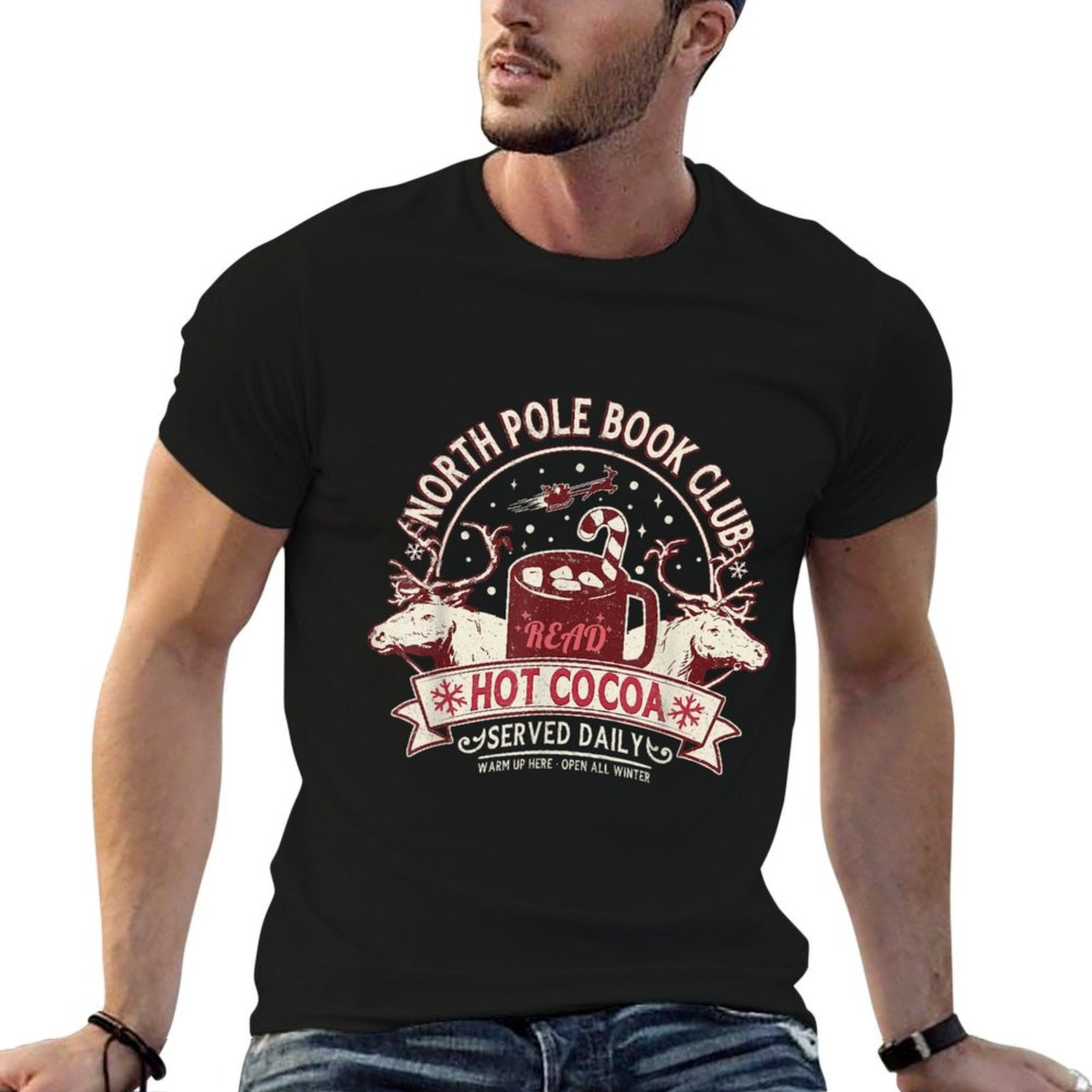 North Pole Book Club Hot Cocoa Reindeer Librarians Christmas  High-quality Stitching T-Shirt