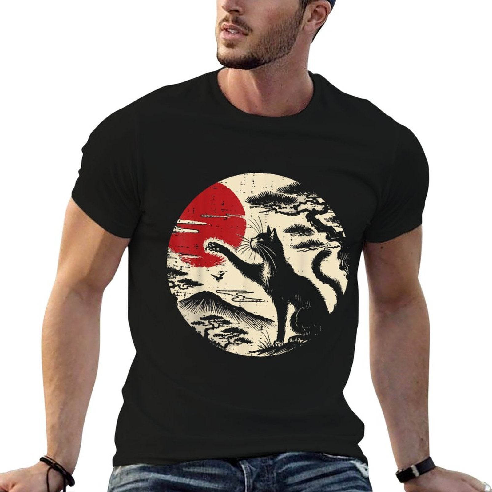 Japanese Cat Reaching Red Moon Vintage Art Men Women Kids  Relaxed-fit T-Shirt