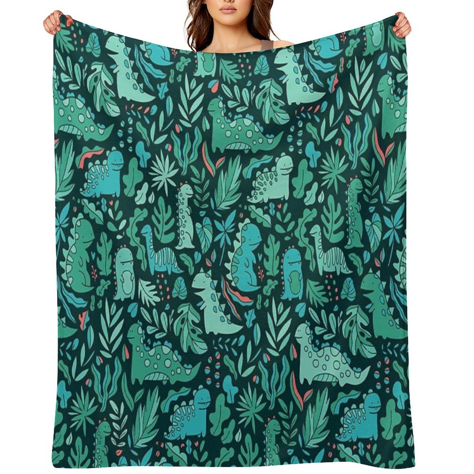 Cute Dinosaurs And Tropical Leaves Shrink-resistant Throw Blanket
