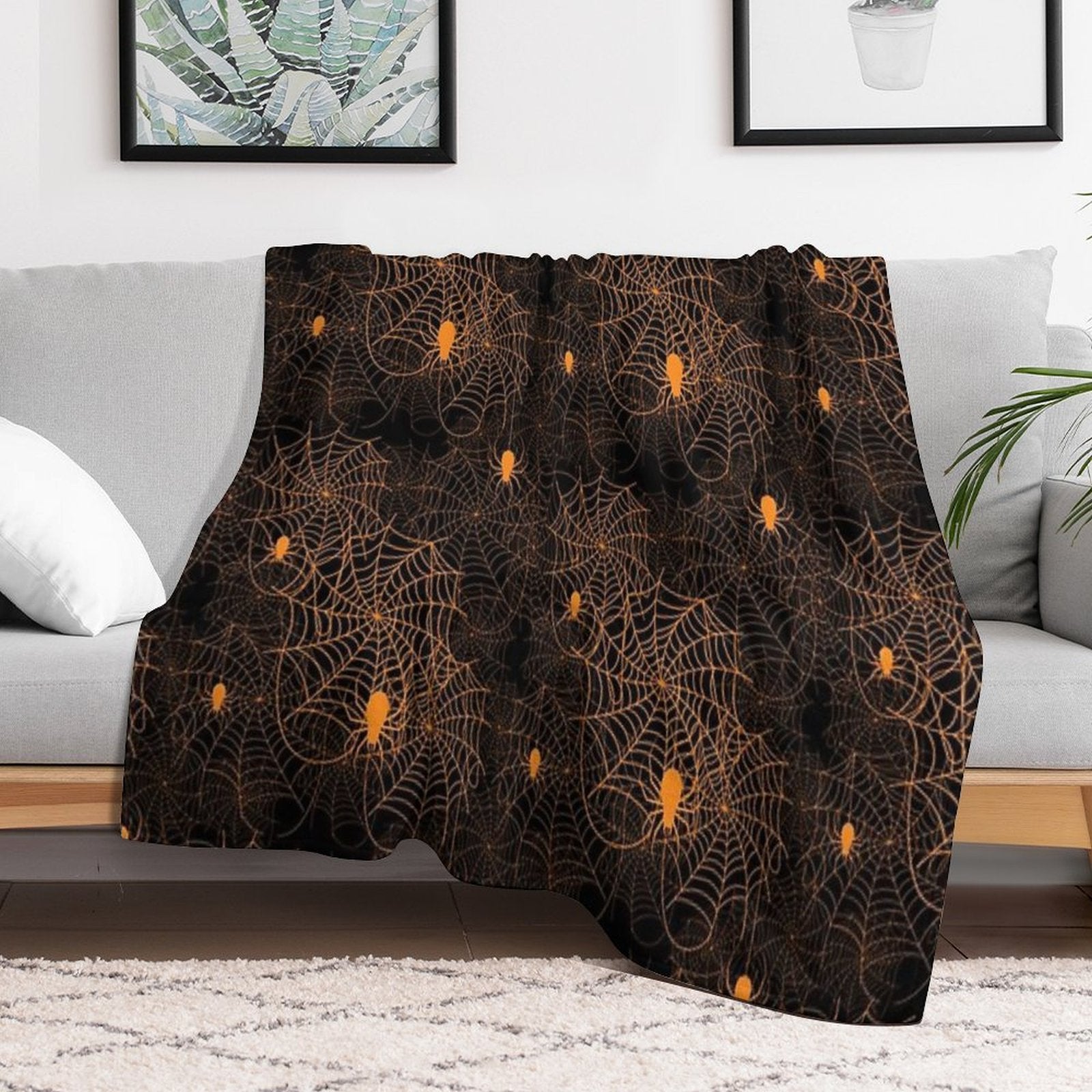 Halloween Spider Web Pattern Orange on Black Machine-washable Throw Blanket