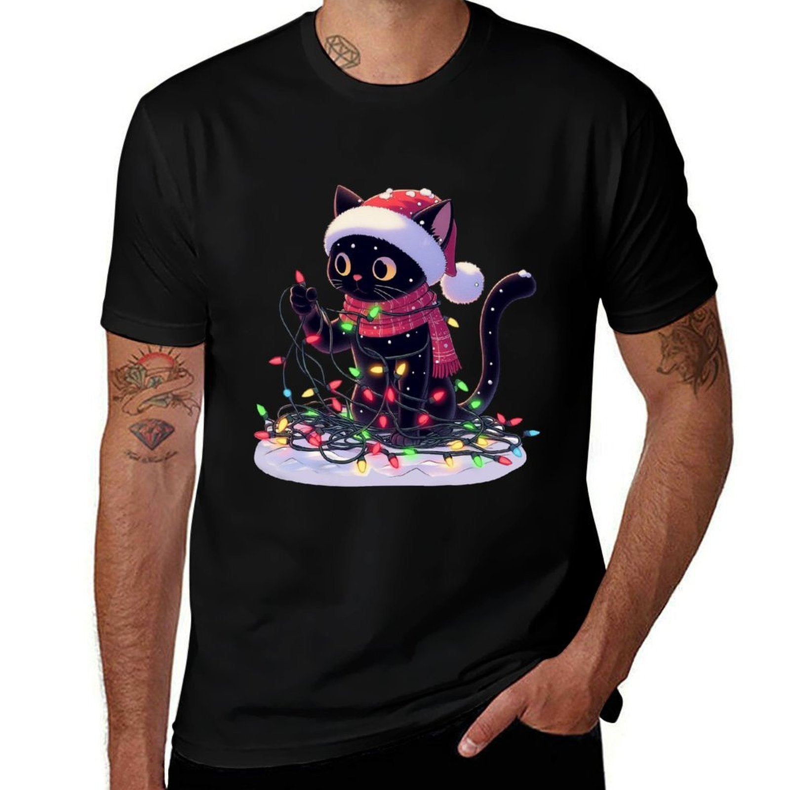 Black Cat Santa Tangled Up In Christmas Tree Lights Holiday  Affordable Price T-Shirt