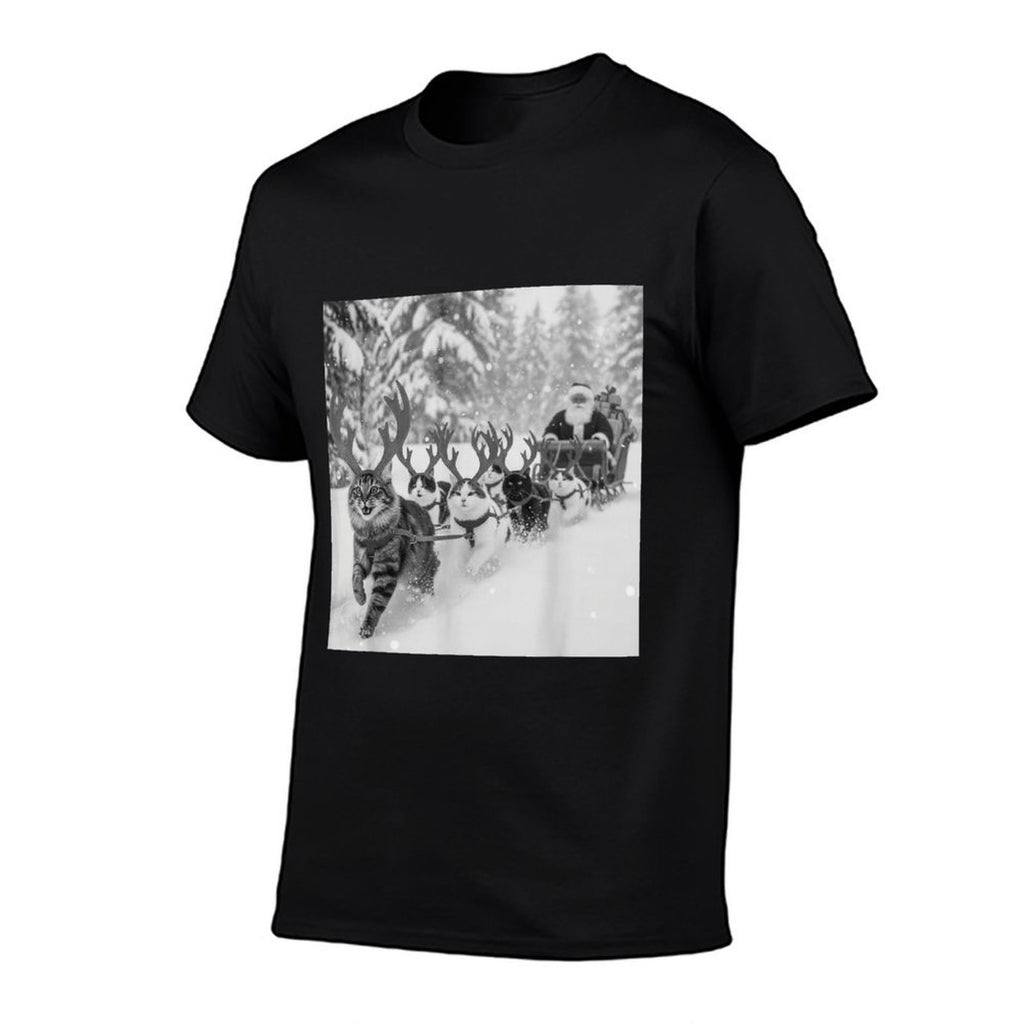 Funny Christmas Santa Sleigh Cats Reindeer Selfie Xmas Meme  High-quality Stitching T-Shirt