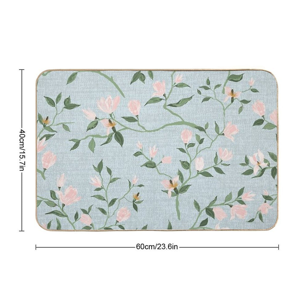 Magnolias Watercolor Asian Inspired Pastel Pink Mint  High-Traffic Bath Mat