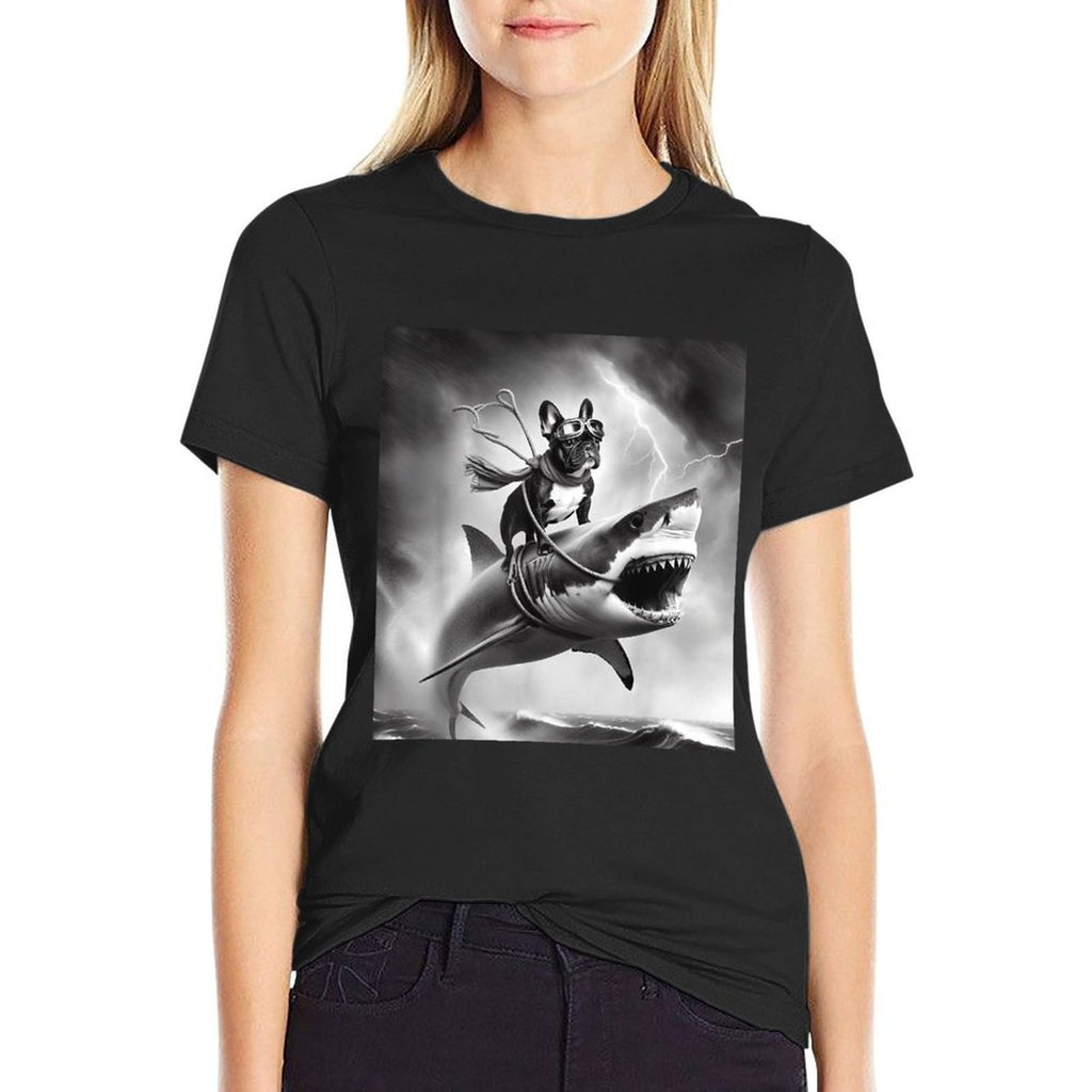 Funny Dog French Bulldog Riding A Shark in Tornado Meme  Ribbed Collar T-Shirt