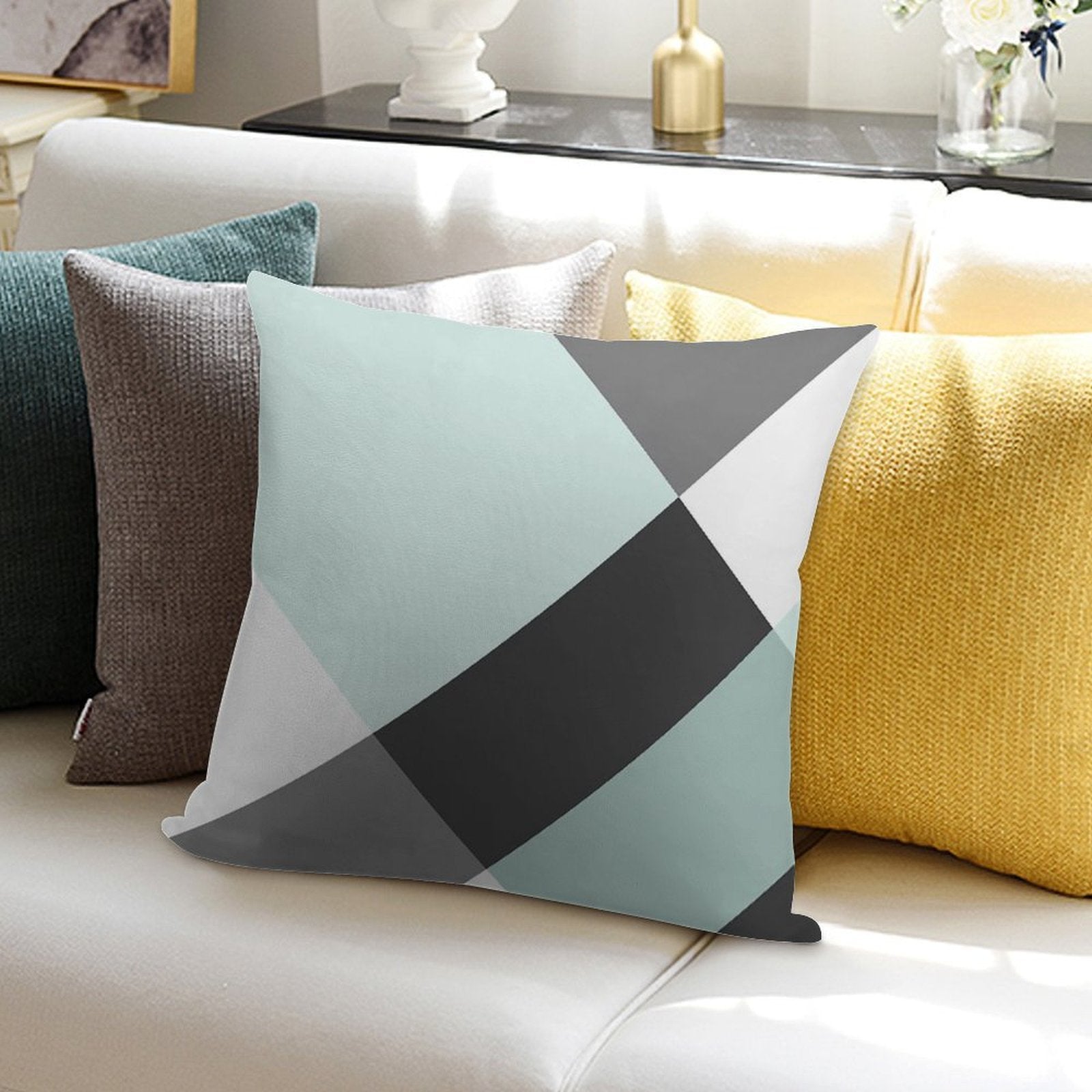 Duck Egg & Grey Patchwork Soft Shrink-Resistant Throw Pillow