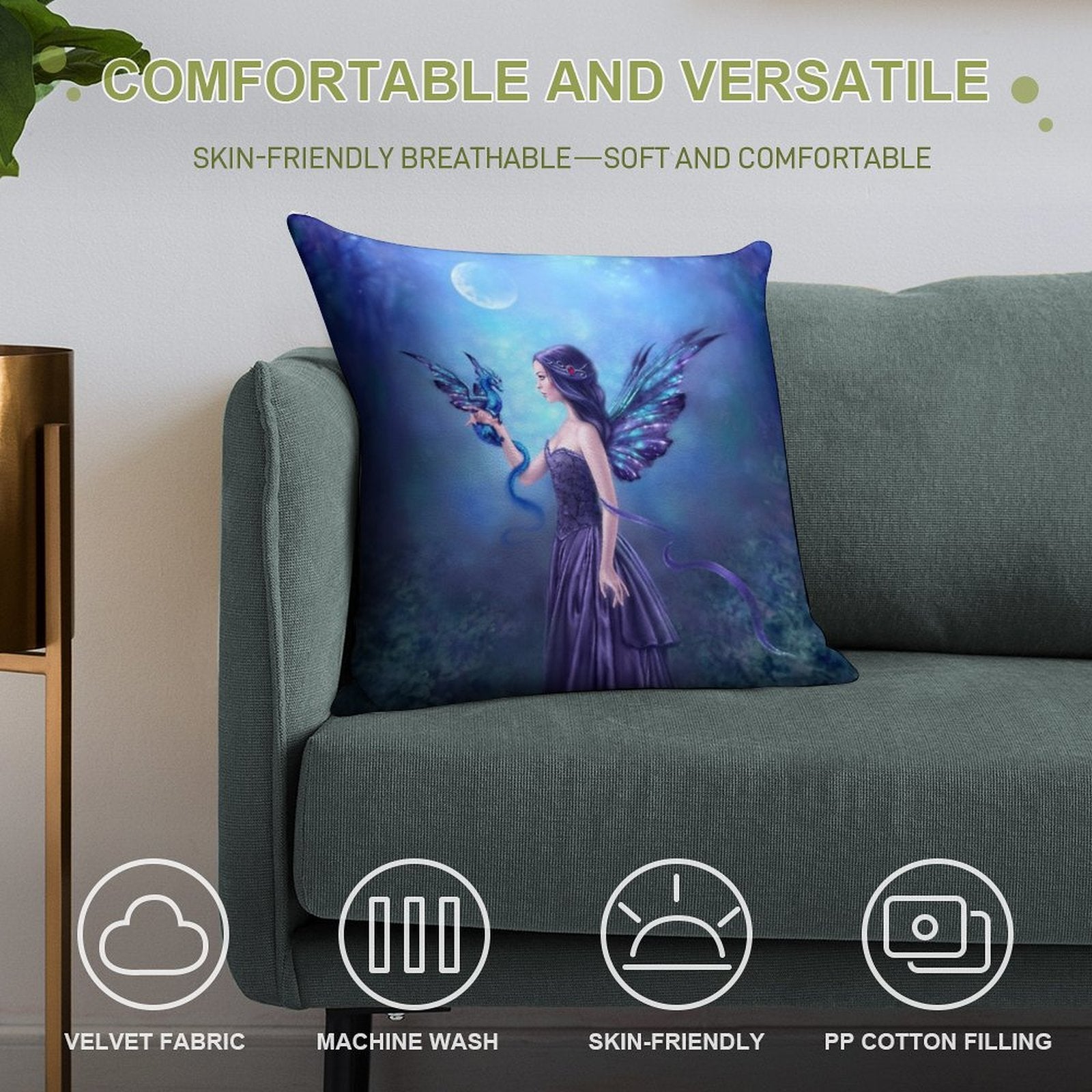 Iridescent Fairy & Dragon Soft Washable Throw Pillow