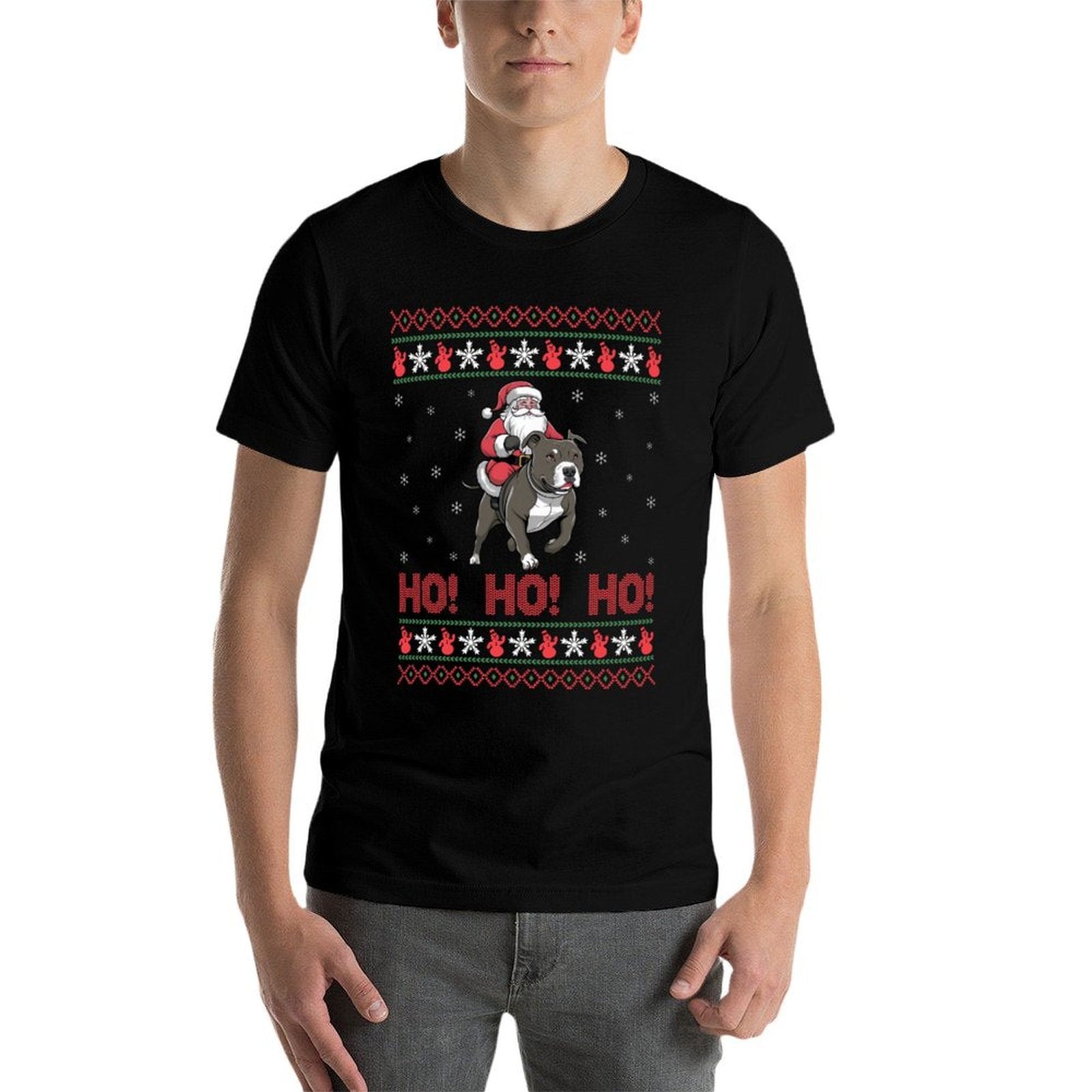 Ho Ho Ho Santa Riding Pitbull Dog Ugly Christmas Sweater  Moisture-wicking T-Shirt