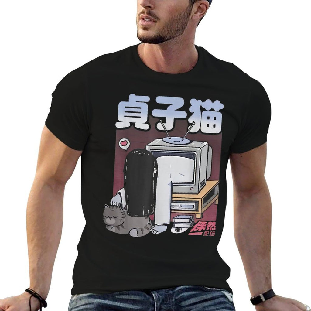 Cute Pet In My Heart Sadako With Cat Unisex Adults Kids Black Cartoon Cat Modern Classic  Polyester Blend T-Shirt