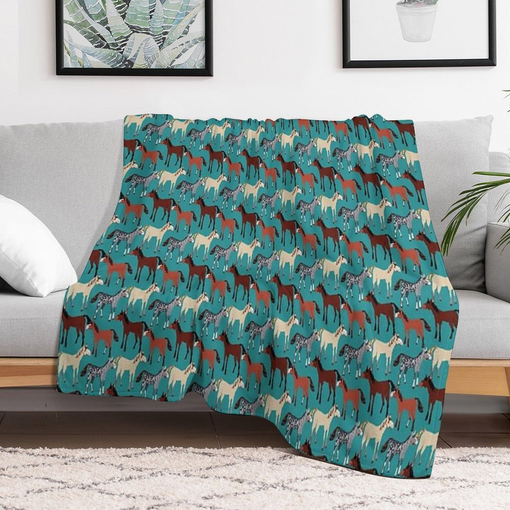 Horse Pattern in Aquamarine Blue Multi-functional Throw Blanket