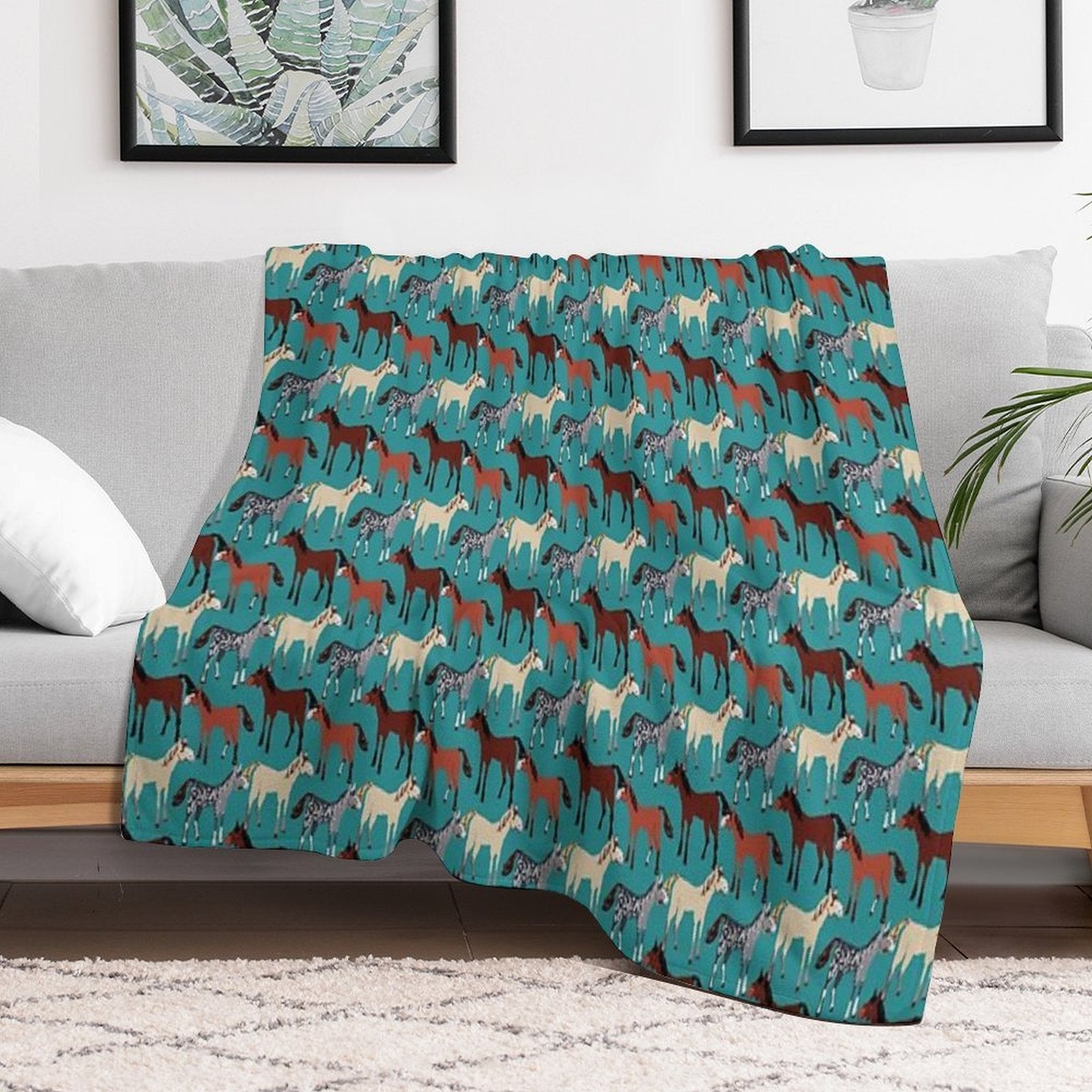 Horse Pattern in Aquamarine Blue Multi-functional Throw Blanket