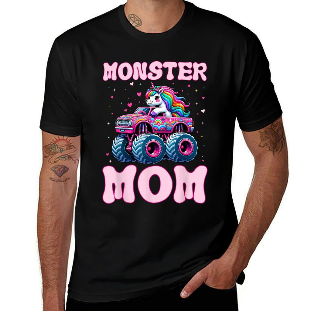 Funny Cute Unicorn Riding A Pink Monster Mom Truck Lovers  Summer-ready Fabric T-Shirt