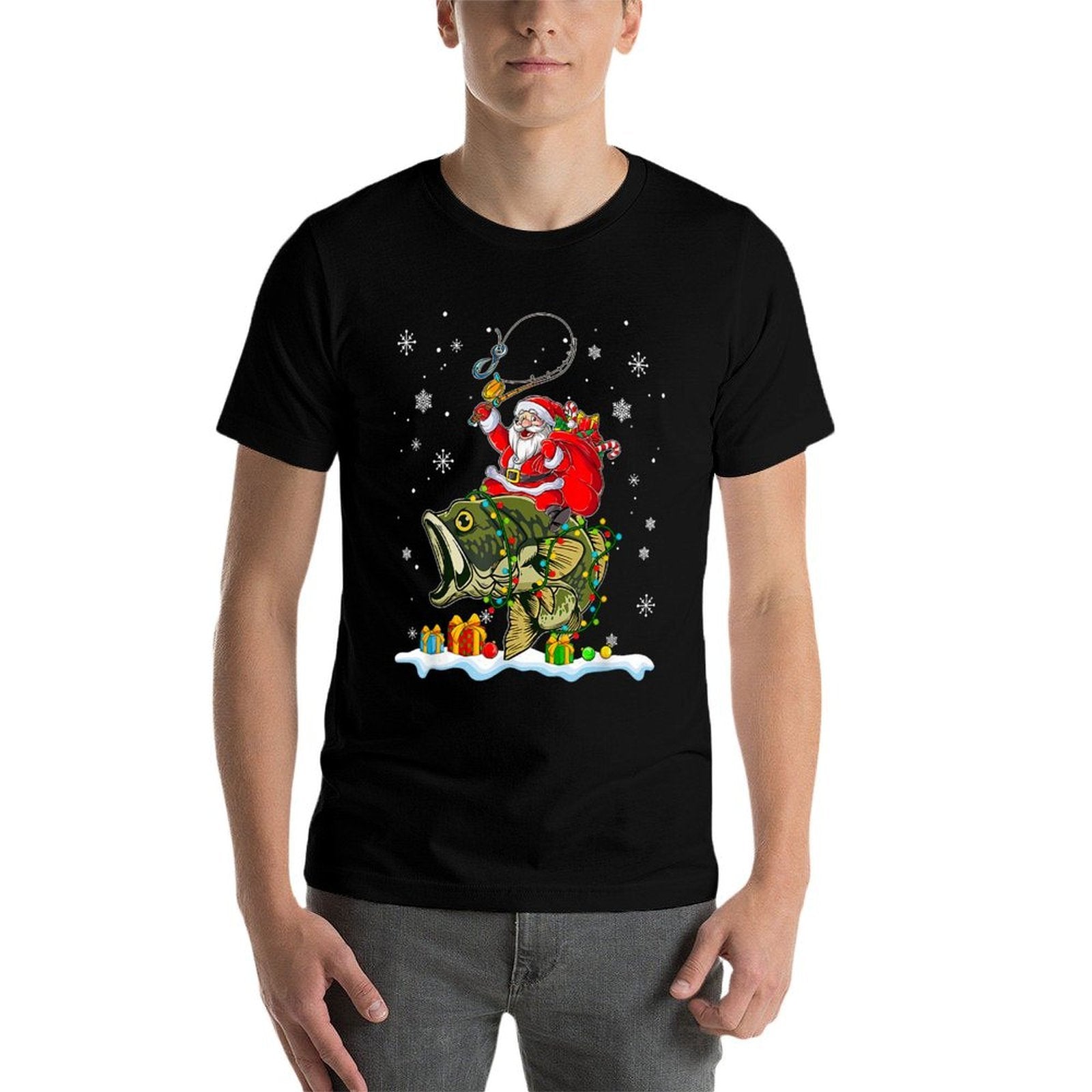 Christmas Bass Fishing Funny Santa Riding Fish Fishermen PJ  Relaxed-fit T-Shirt