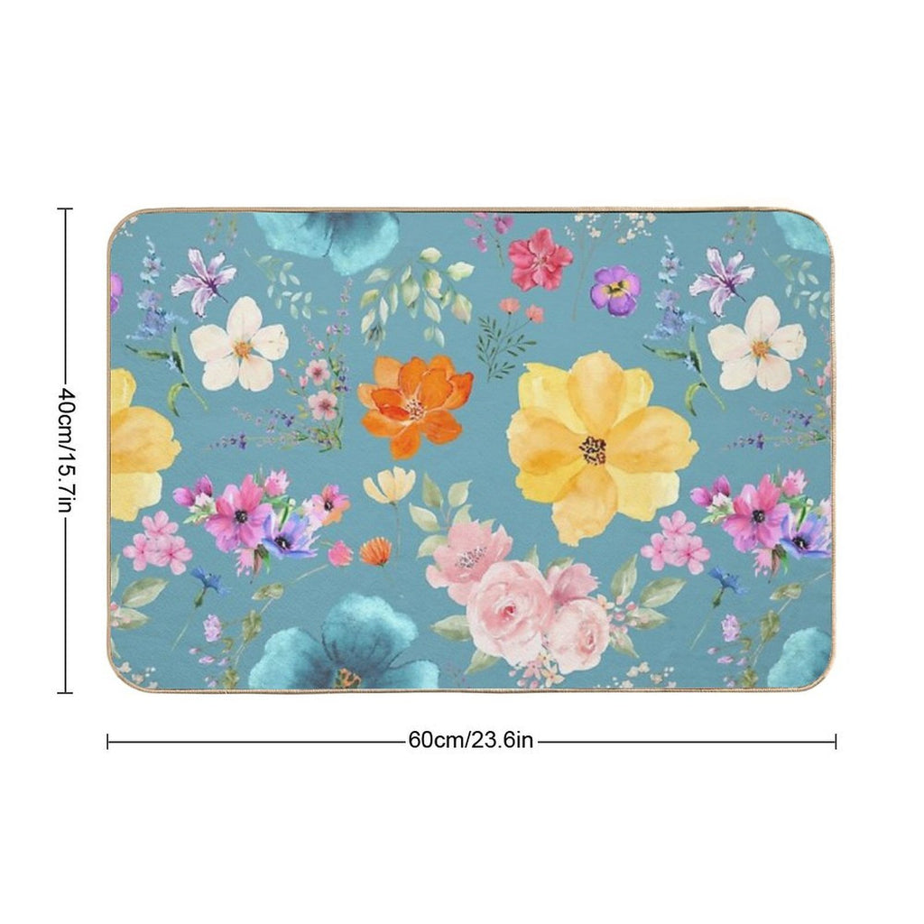 Teal Watercolor Floral Pattern  Anti-Trip Bath Mat
