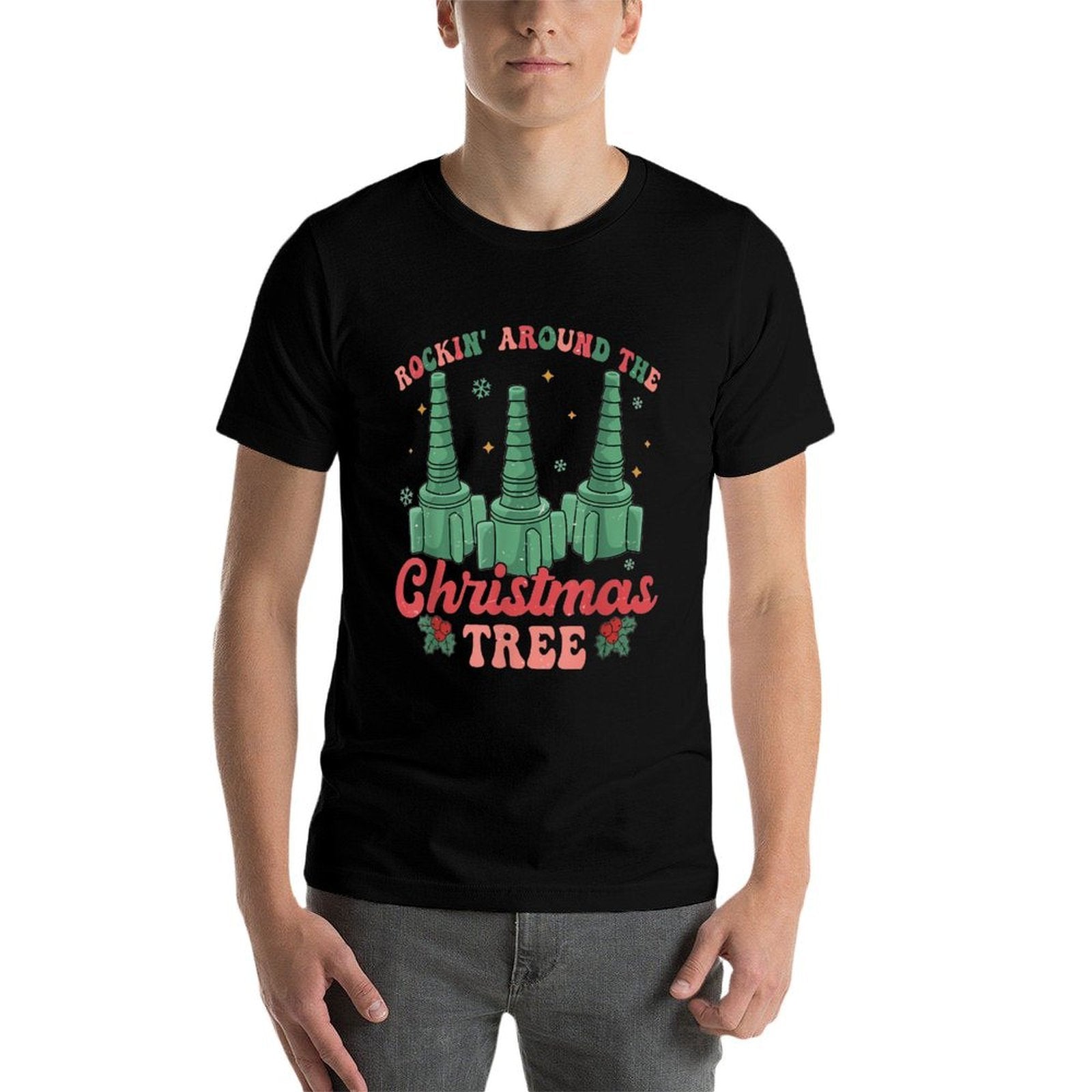Rockin Around The Christmas Tree Respiratory Therapist RT  Ribbed Collar T-Shirt