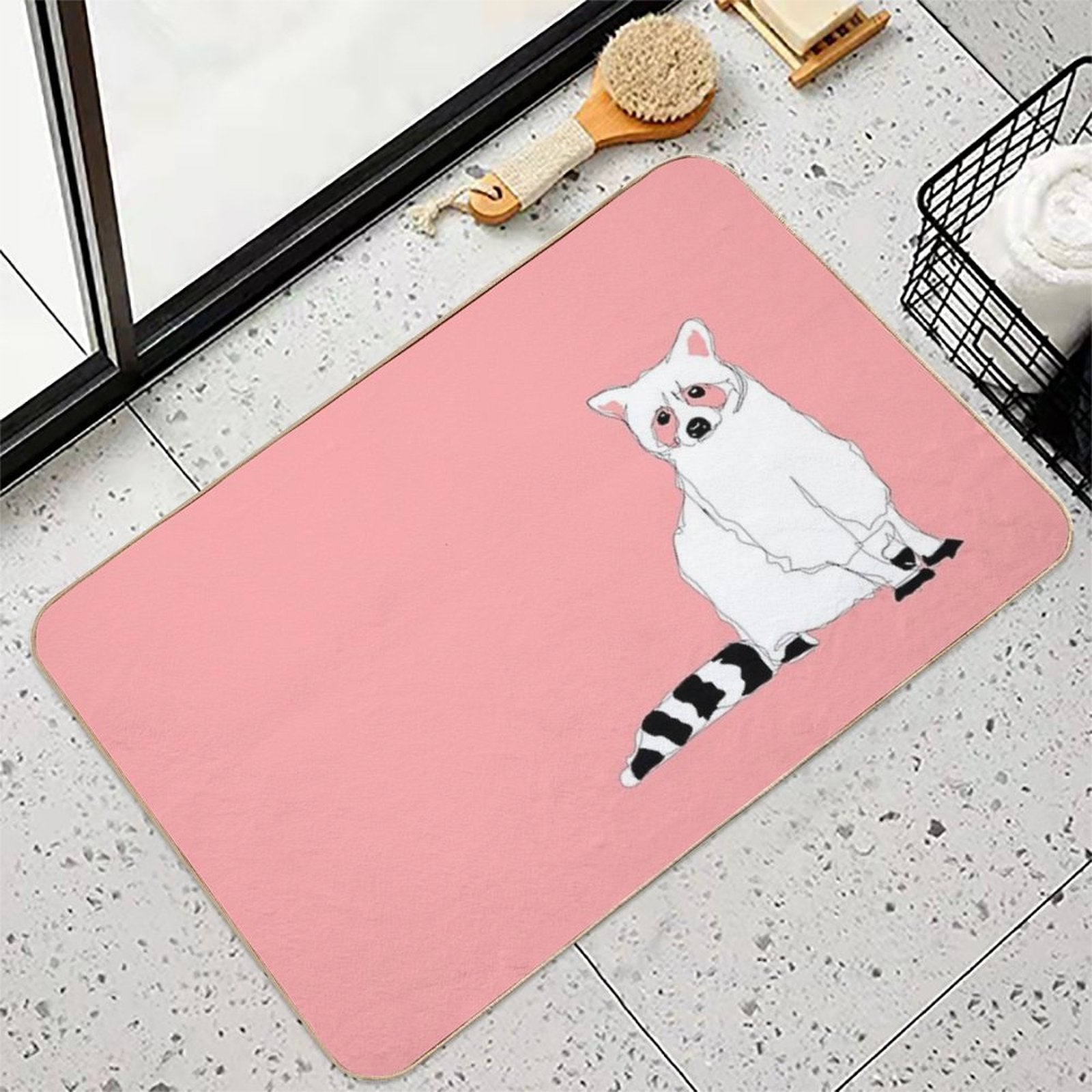 Minimalistic Pink Raccoon Line Art Decor  Multi-Purpose Bath Mat