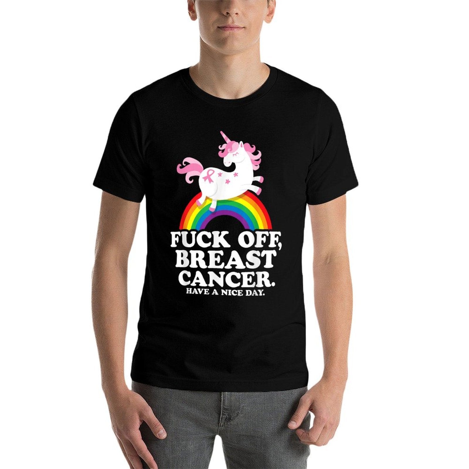 Fuck Off Breast Cancer Funny Quote with Unicorn And Rainbow  Classic T-Shirt