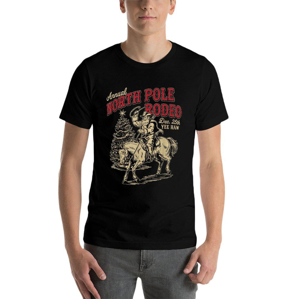 Vintage Annual North Pole Rodeo Santa Cowboy Christmas  Ribbed Collar T-Shirt