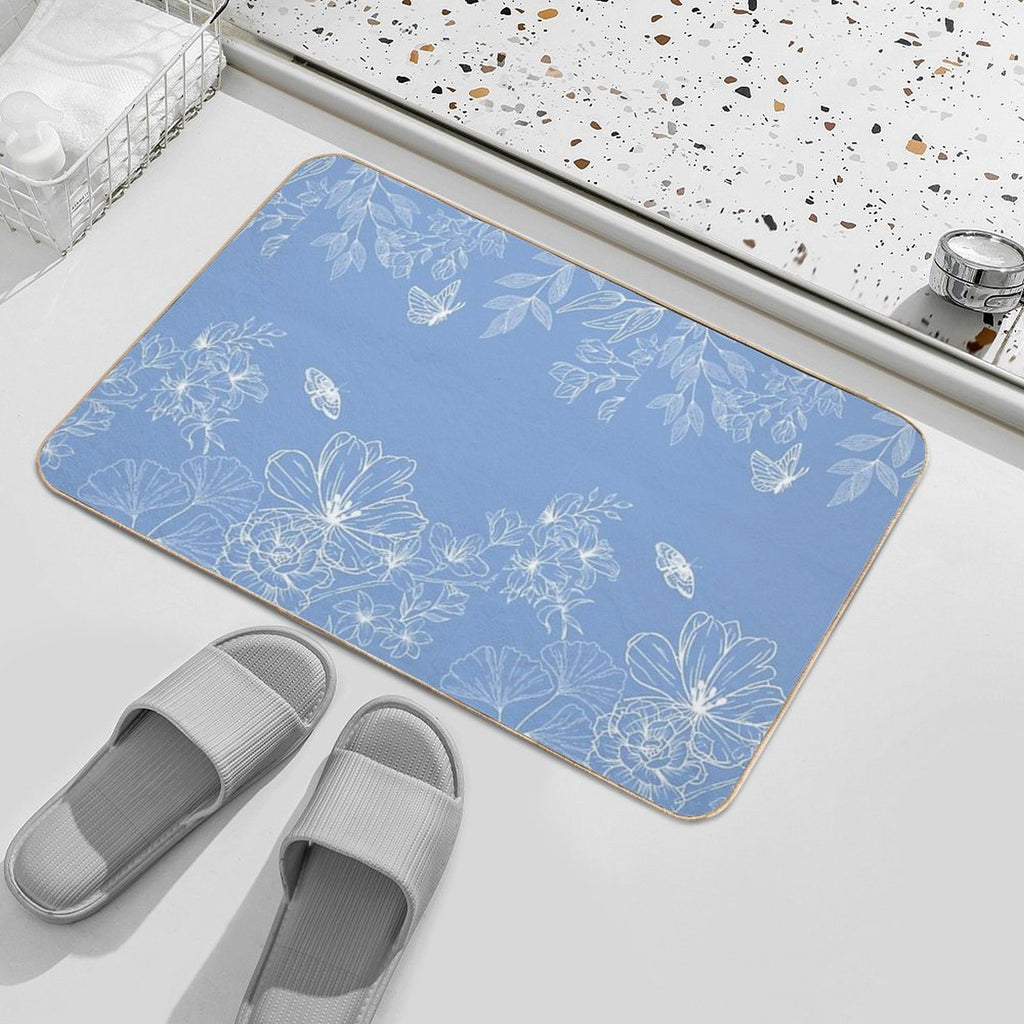 Blue, Floral, Pattern, Minimalist, Modern, Abstract, Fashion Print, Texture  Easy Maintenance Bath Mat