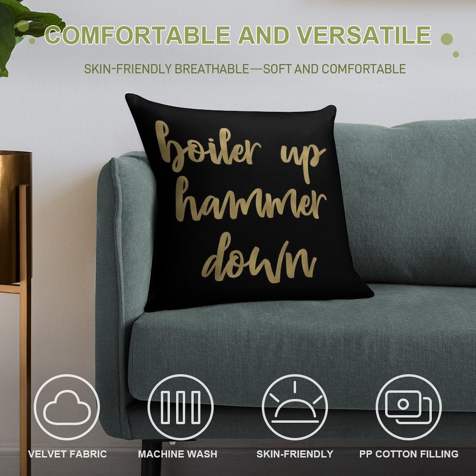 Boiler Up Hammer Down Purdue Gold Foil Soft Decorative Cover Throw Pillow