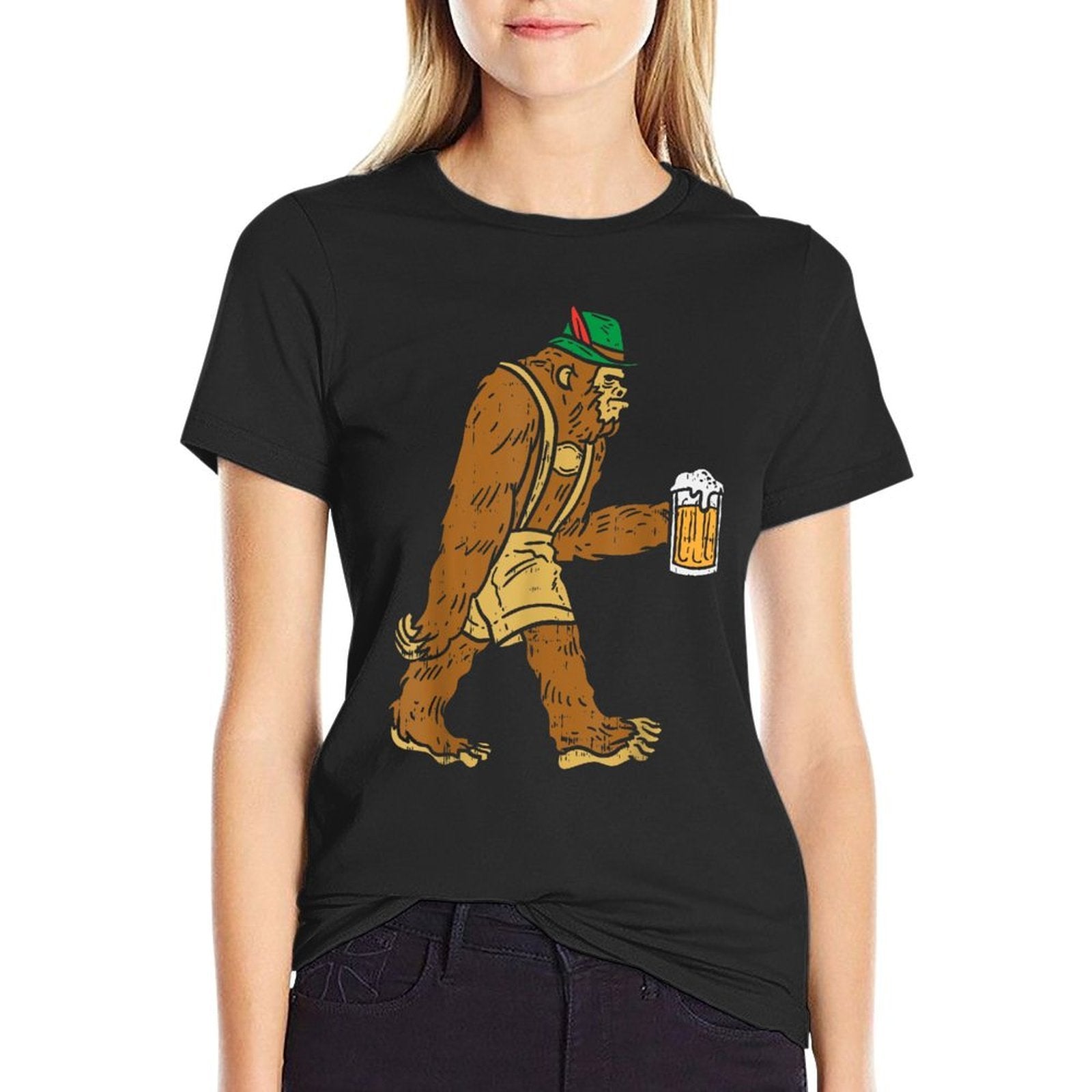 German Bigfoot Sasquatch Beer Lederhose Funny Oktoberfest  High-quality Stitching T-Shirt
