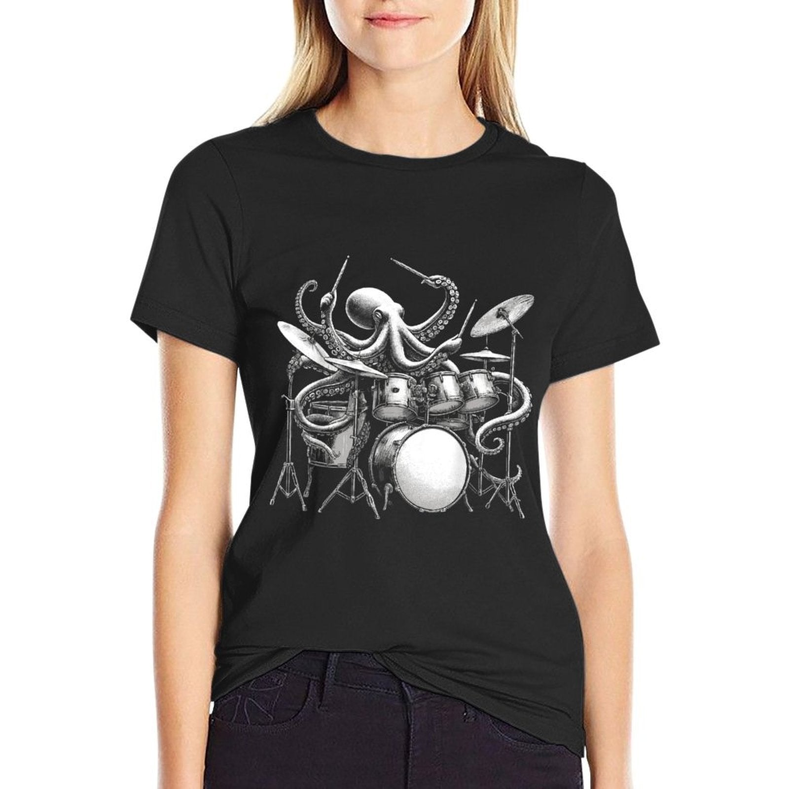 Octopus Playing Drums Retro Drummer  Heathered Texture T-Shirt