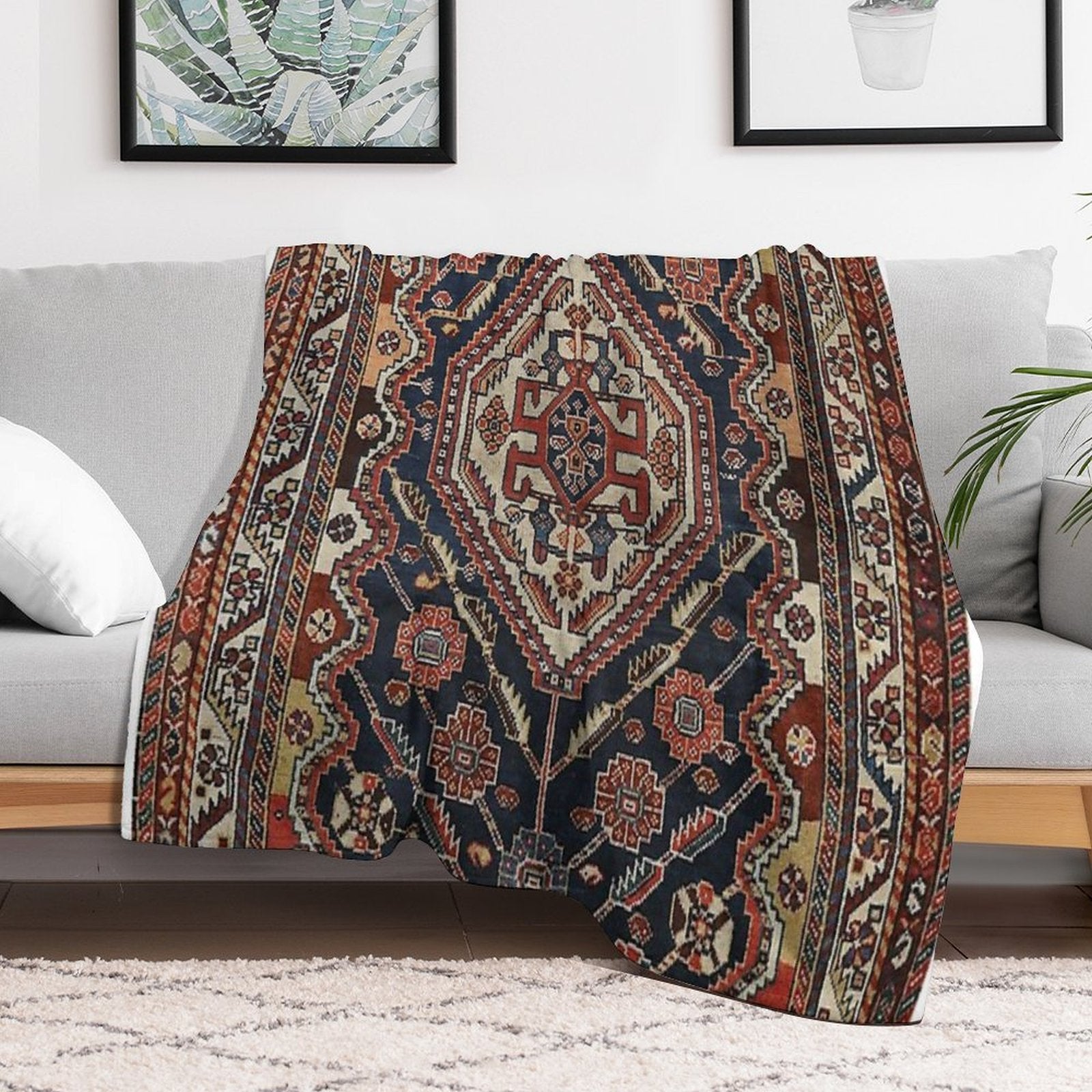 Persian Qashqai Old Century Authentic Colorful Aztec Royal Blue Red Vintage Patterns Easy Care Throw Blanket
