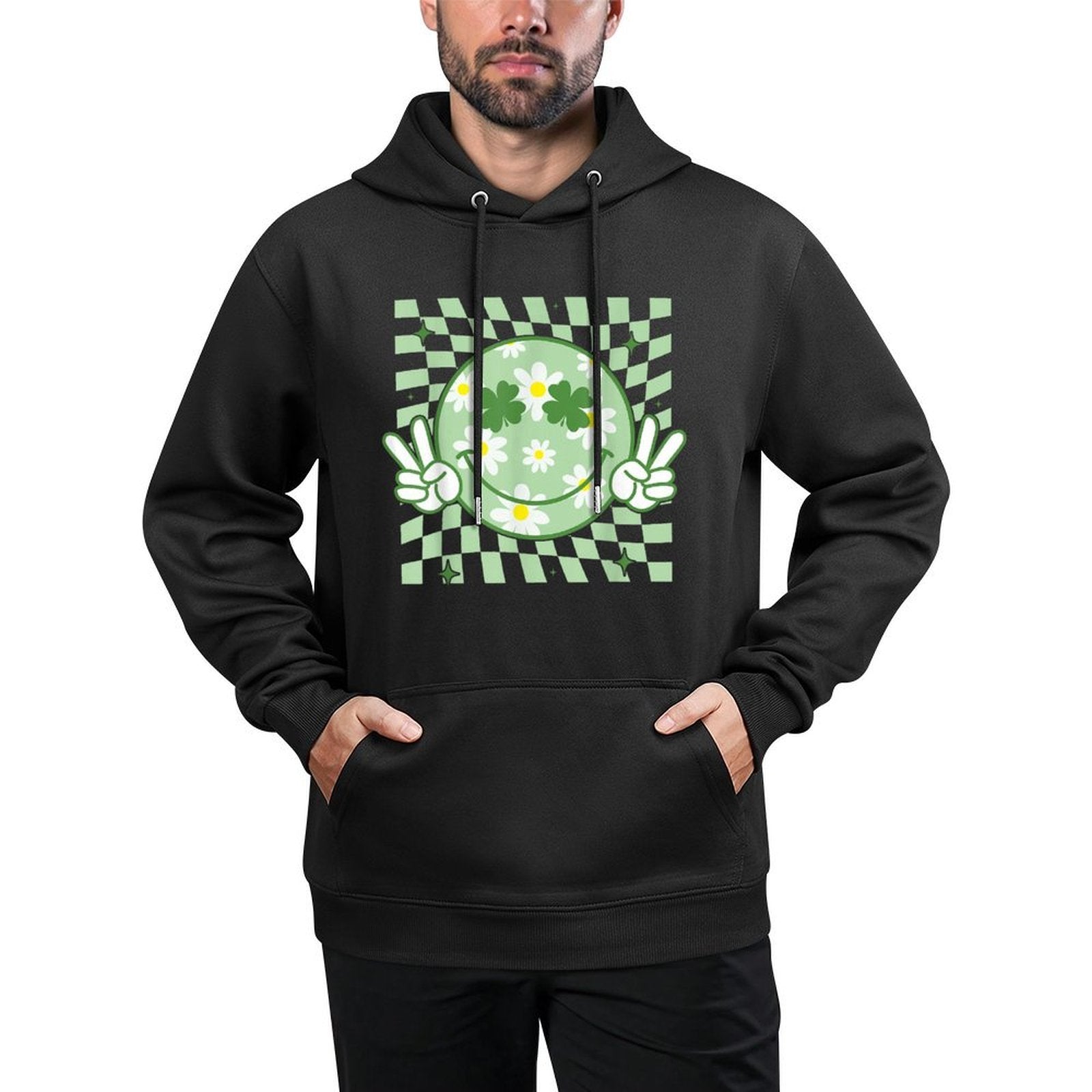 Groovy Shamrock Smile Face St Patricks Day Men Kids Funny Shape Retention Hoodie