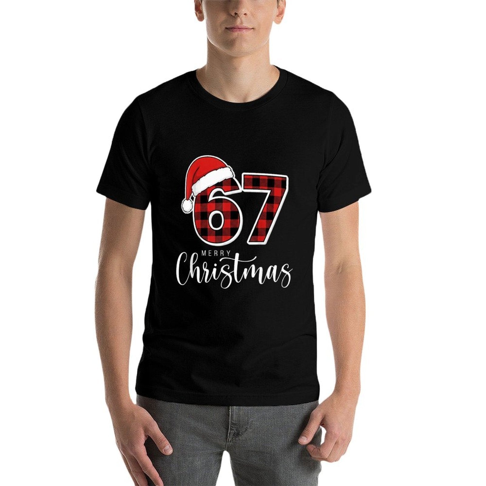 67 Meme Merry Christmas 67 Buffalo Plaid Xmas Retro Vintage  Rolled Sleeves T-Shirt