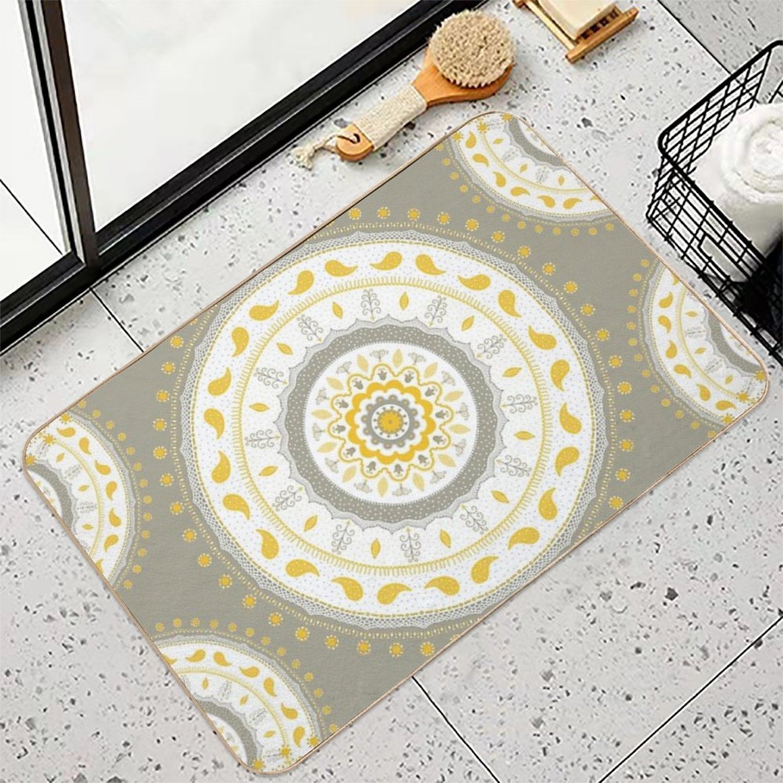 Gray Yellow White Mandalas  Rapid-Drying Bath Mat