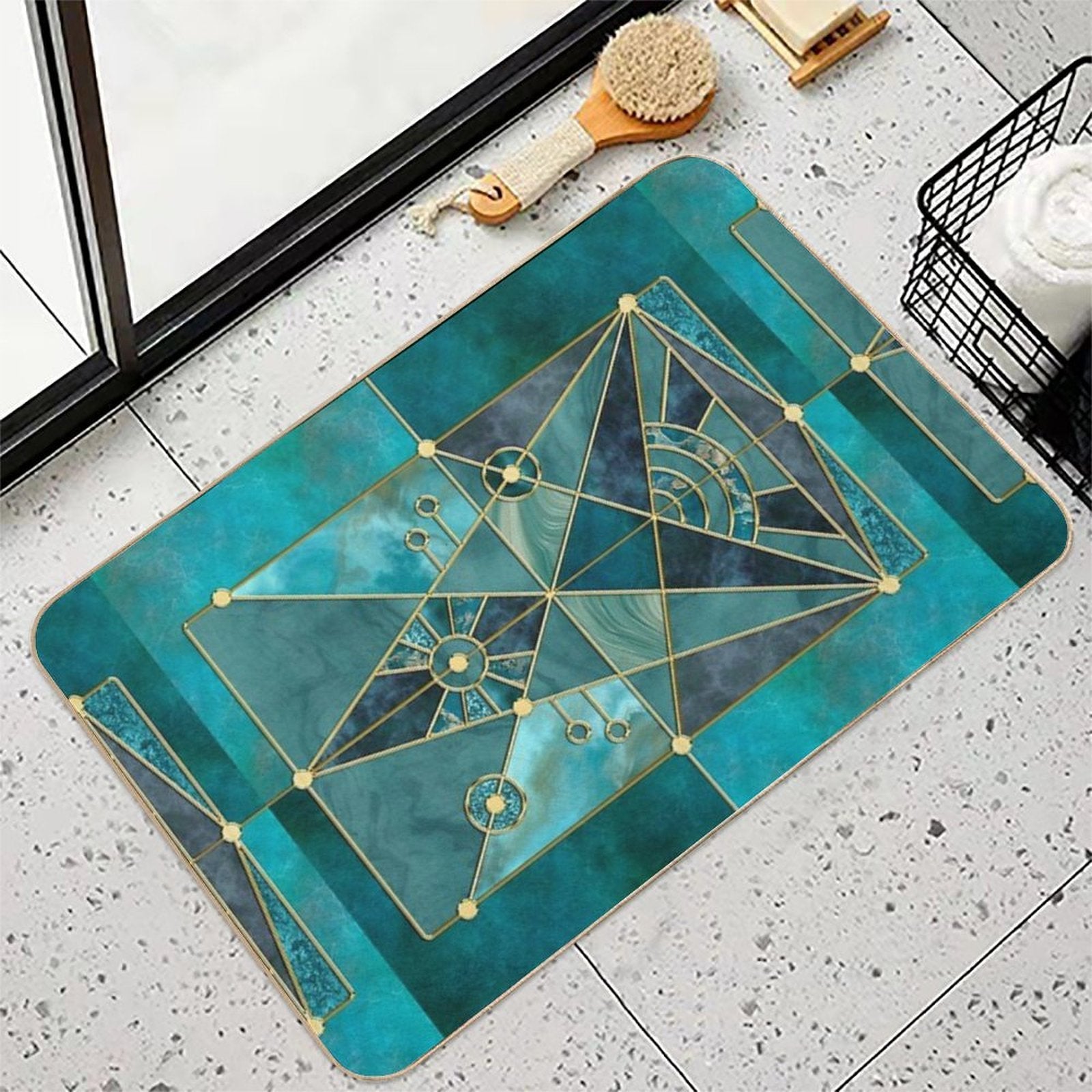 Stained Glass Watercolor Marble Mineral Design Turquoise Teal Gold  Eco-Friendly Bath Mat