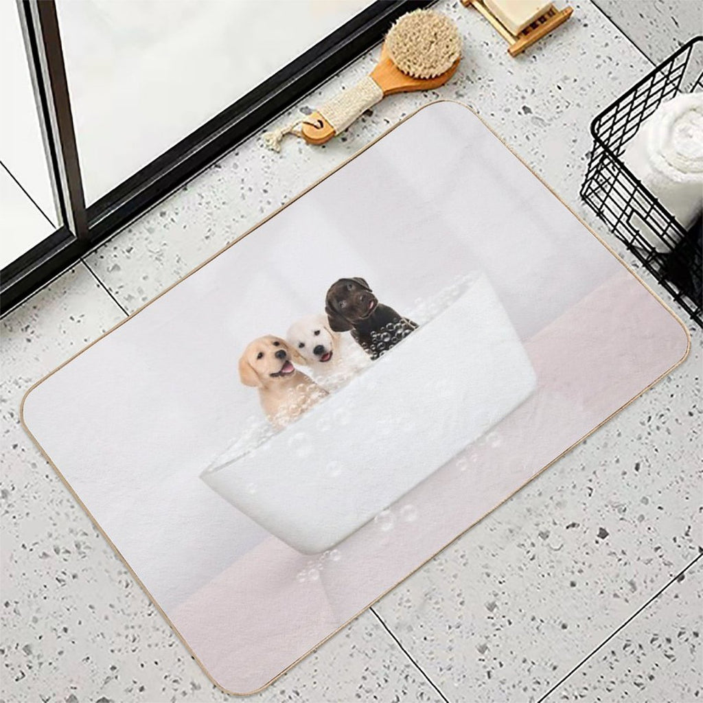 Three Puppies in Modern Bathtub Pink Print, Puppy Golden Retriever, Puppy Bathing, Animals in Bathtub Art by Synplus  Non-Slip Bath Mat