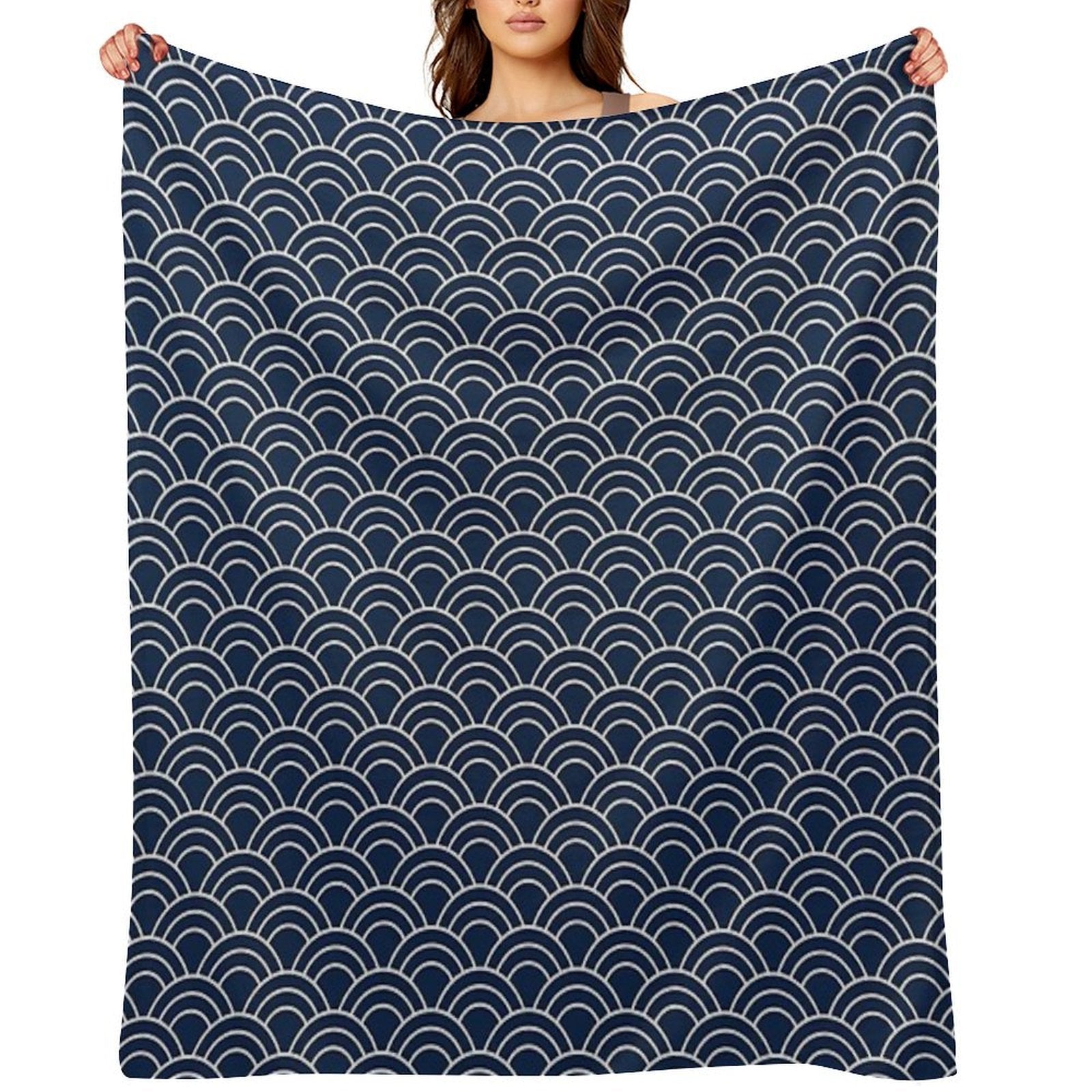 Traditional Japanese Pattern, Seigaiha Waves, Minimalist Style, Japanese Art, Geometric Patterns, Navy Blue Velvety-soft Throw Blanket