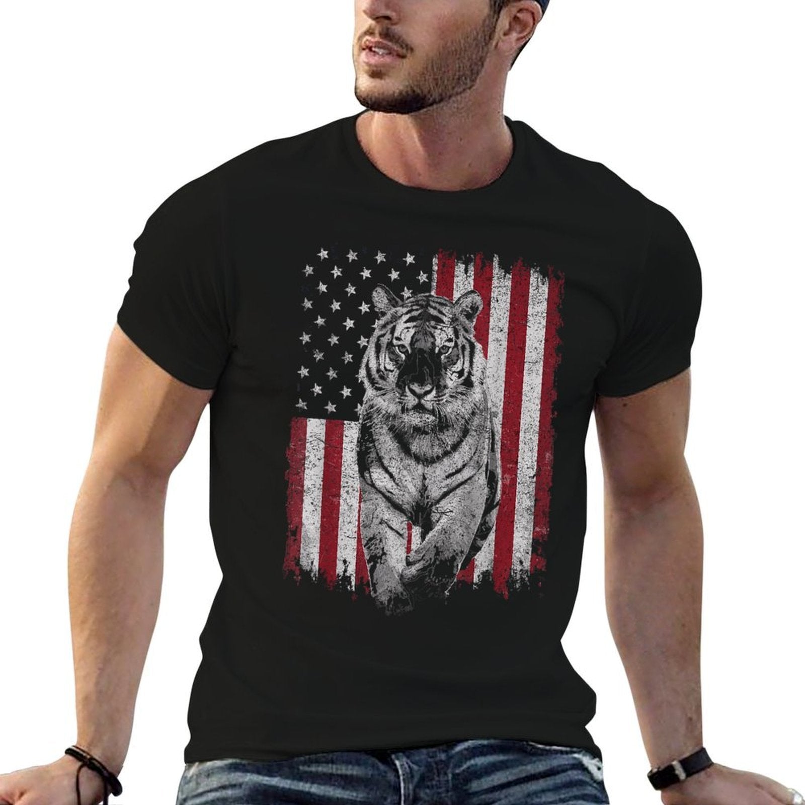 Patriotic Tiger 4th of July Patriotic USA Independence Day  Heathered Texture T-Shirt