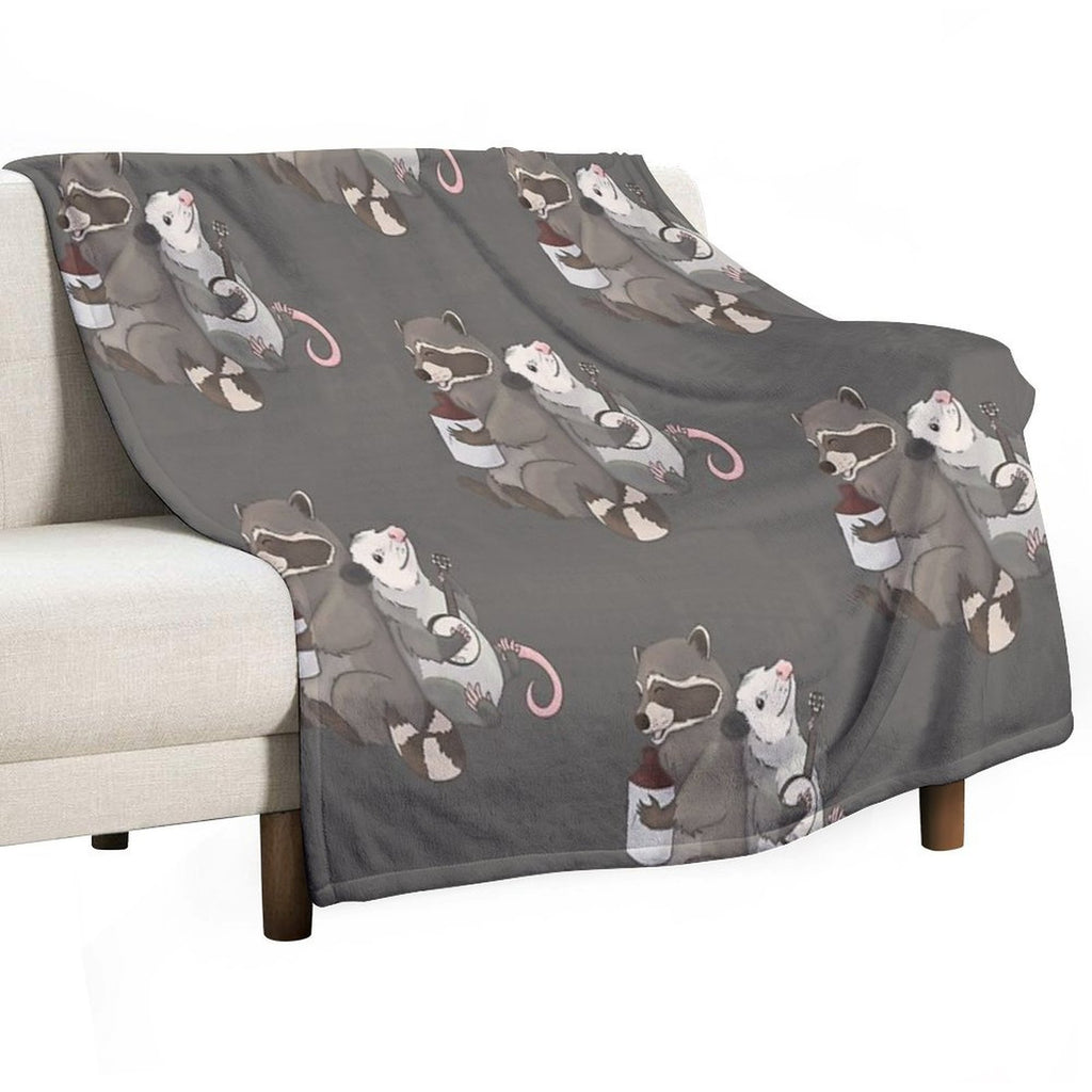 Opossum And A Racoon Playing Instruments Easy Care Throw Blanket
