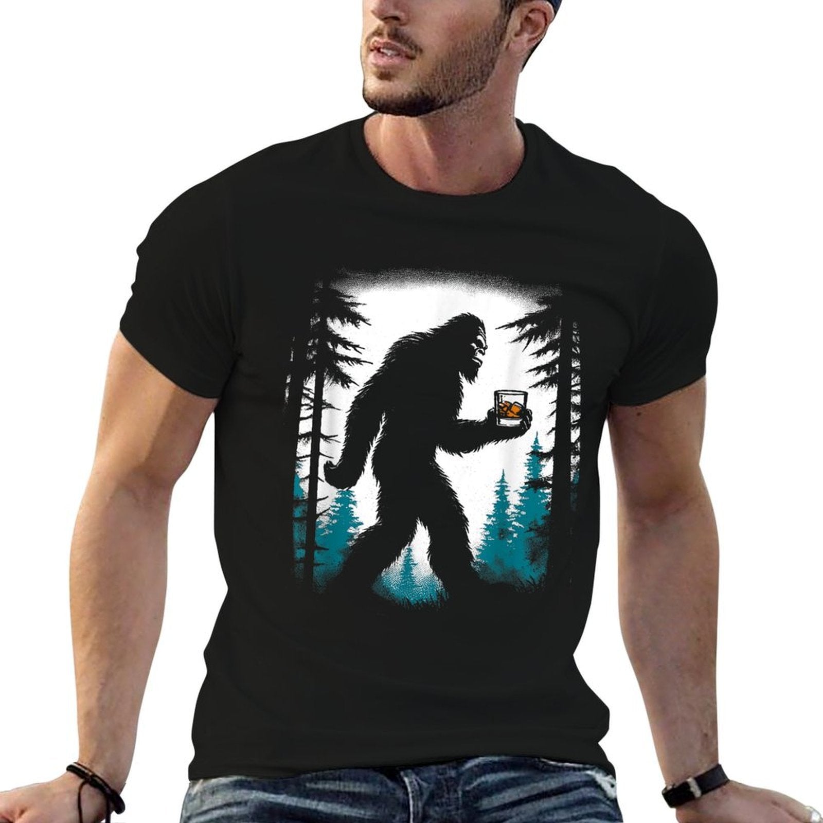 Bigfoot Drinking Whiskey - Funny Bigfoot Sasquatch Lover  Rolled Sleeves T-Shirt