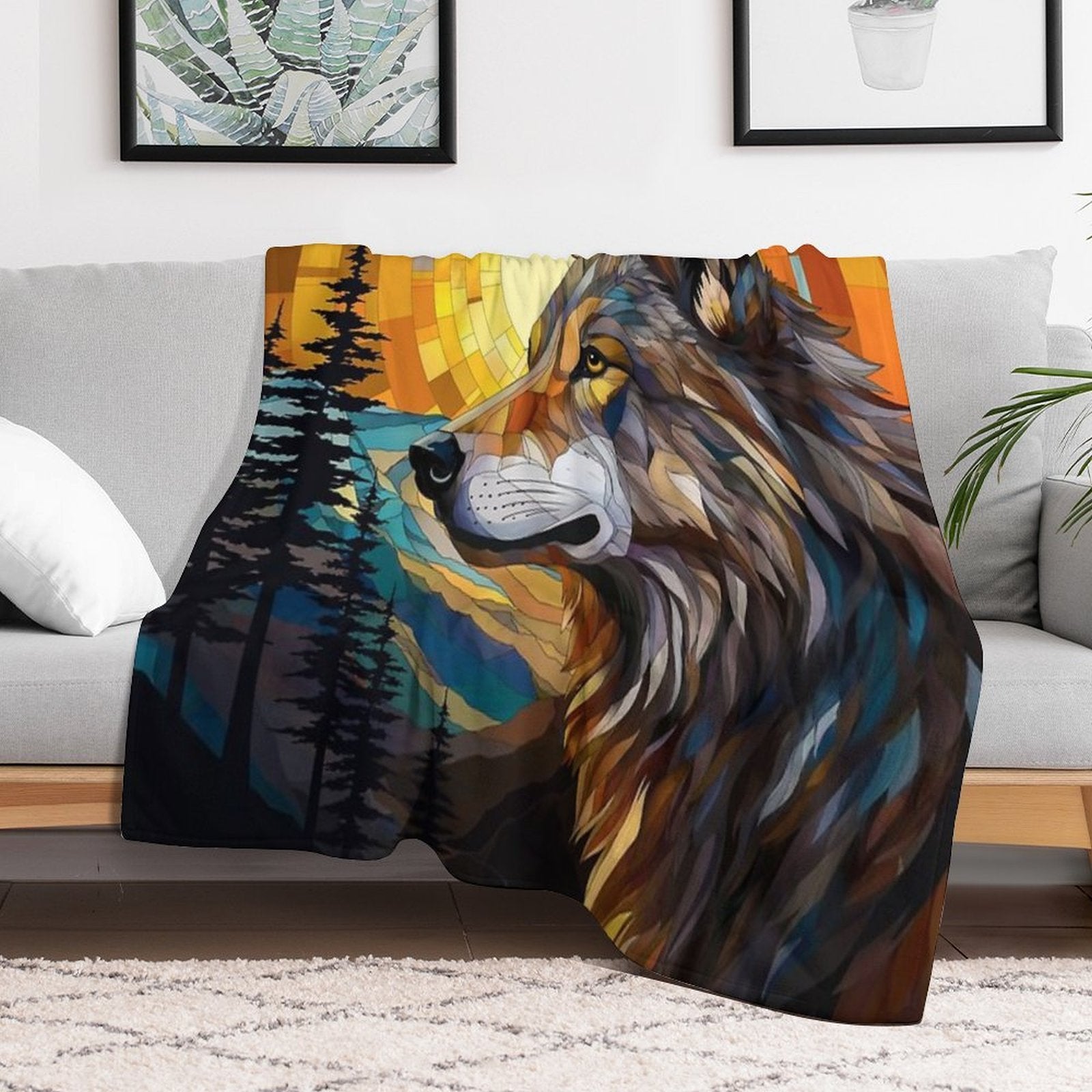 Wolf at Sunset Plush Throw Blanket